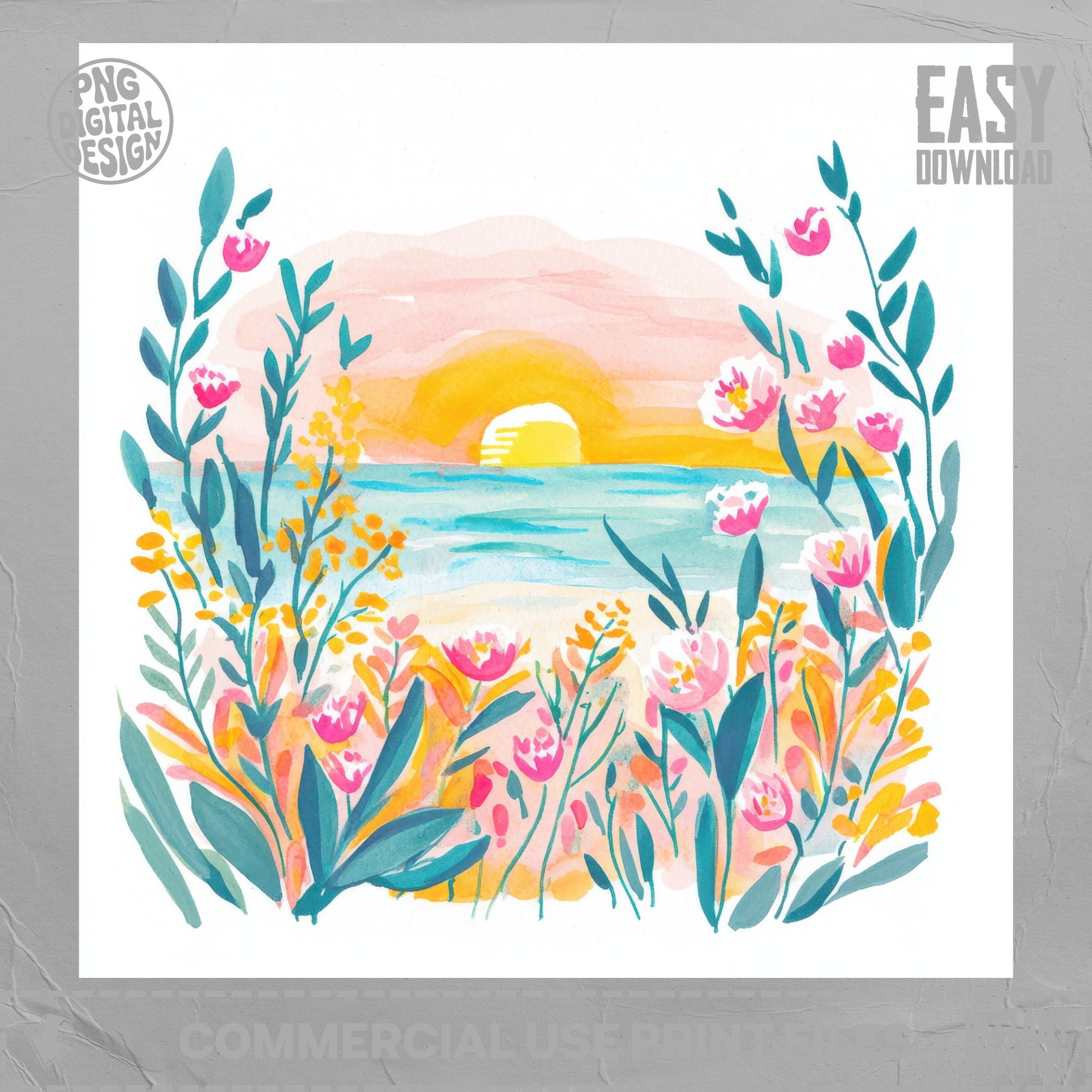 Watercolor painting of a vibrant sunset over the ocean, framed by colorful wildflowers.