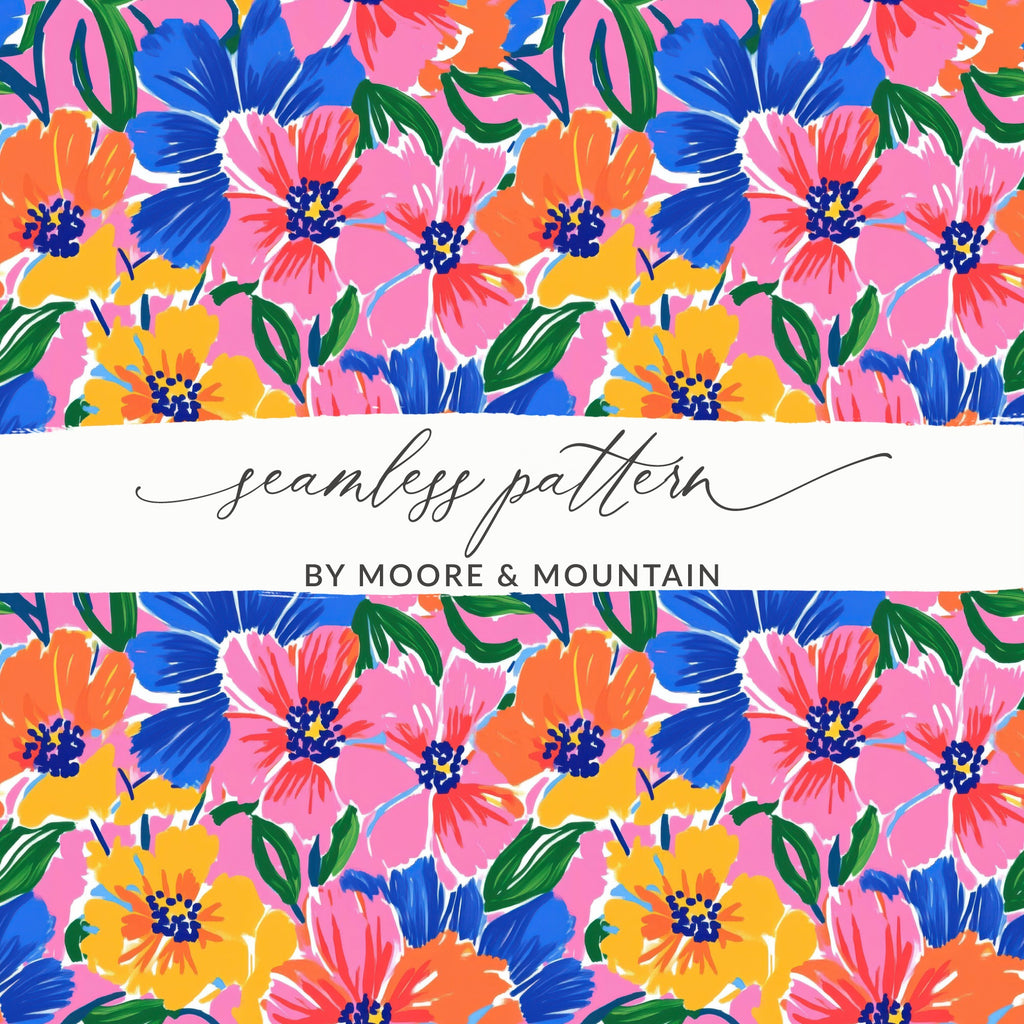 Seamless floral pattern with pink, blue, and orange flowers.