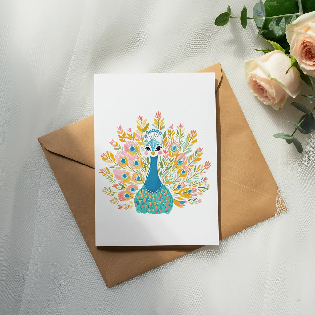 Card with illustrated peacock on brown envelope, with roses and eucalyptus.