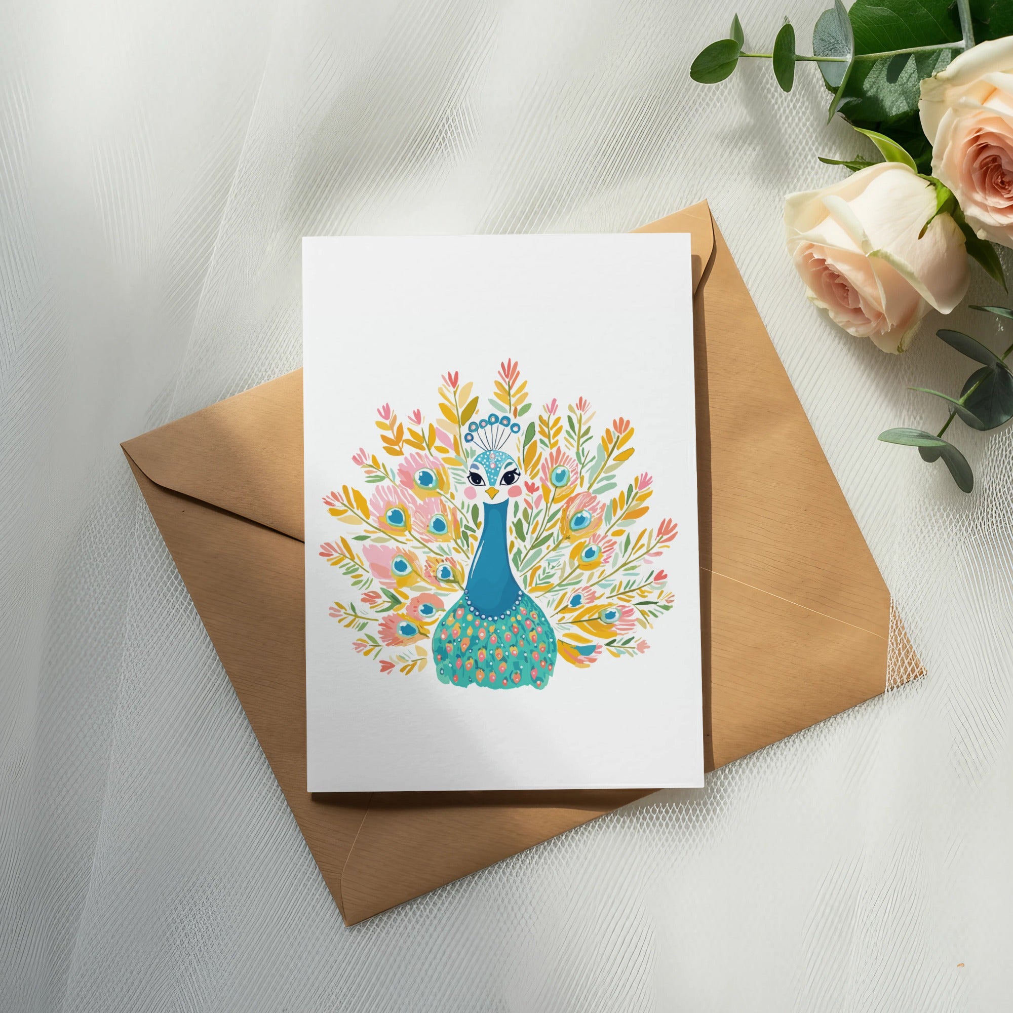 Card with illustrated peacock on brown envelope, with roses and eucalyptus.