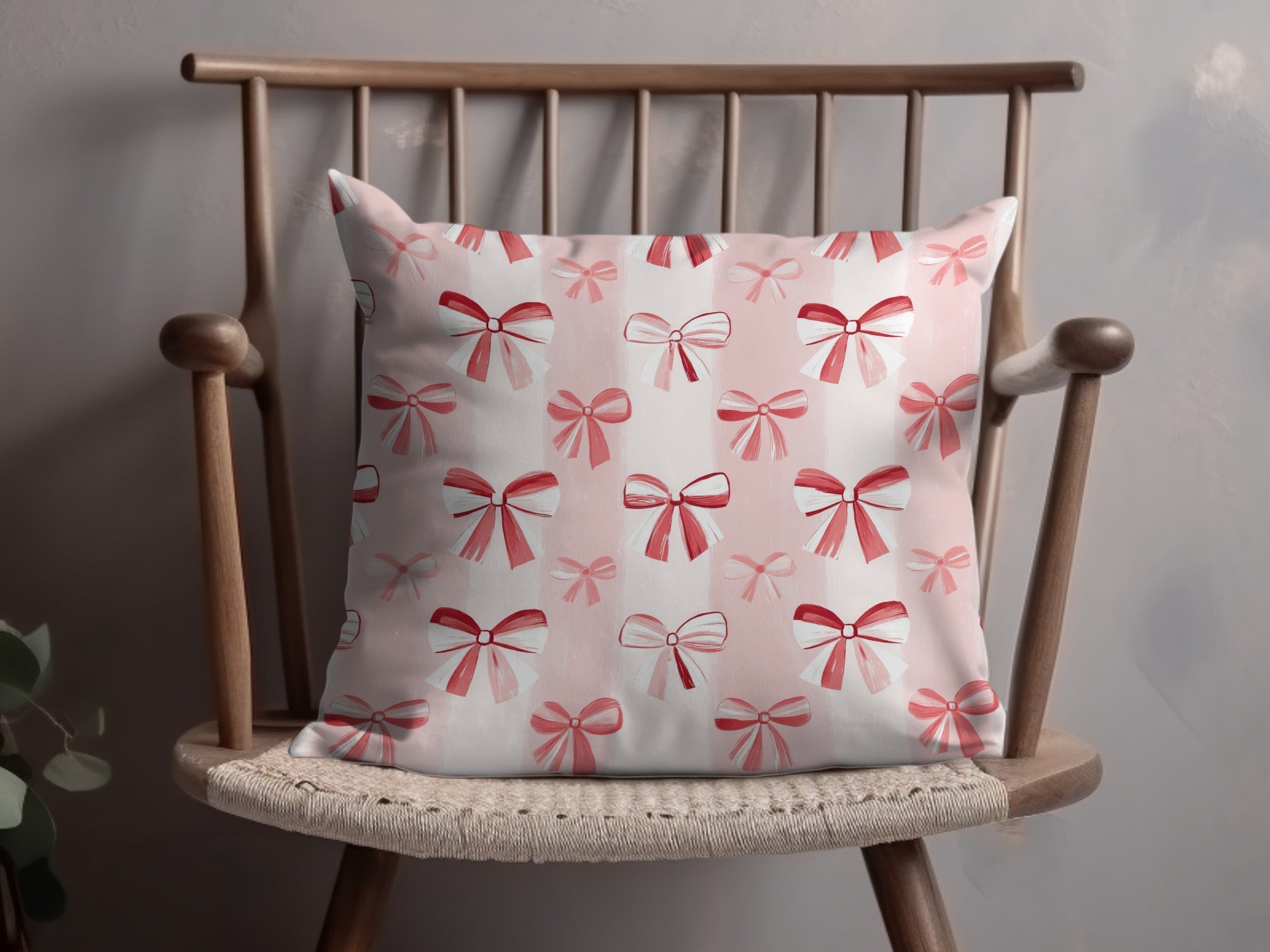 Decorative Pink and Red Bow Pattern Throw Pillow