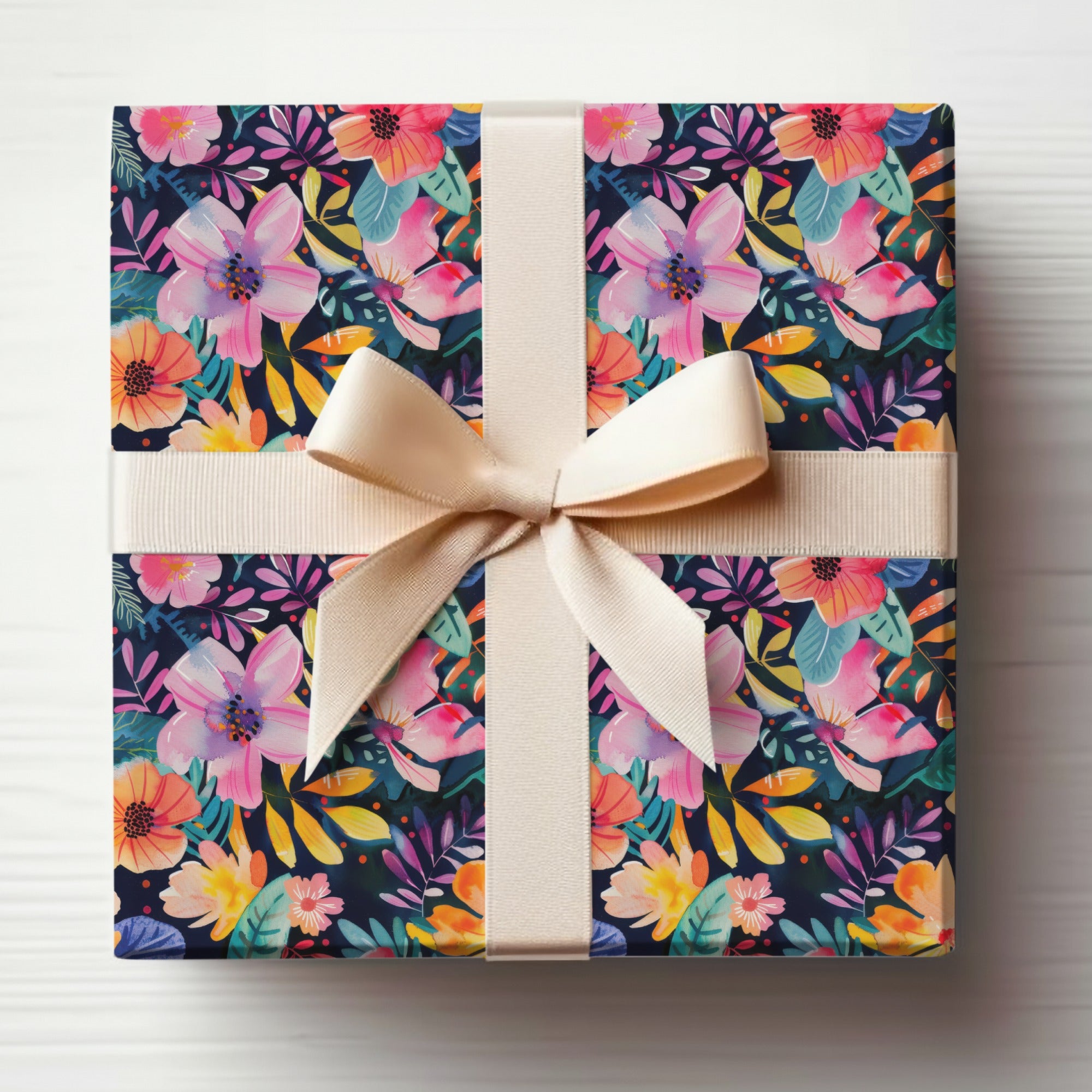 Vibrant floral dark background gift box ribbon product type
Floral design, Gift packaging, Vibrant flowers, Colorful pattern, Dark backdrop, Decorative ribbon, Pink blossoms, Orange blooms, Yellow foliage, Green leaves, Present box, Botanical print, Abstract floral, Celebration wrap, Special gift, Artistic pattern, Unique design, Trendy floral, Modern print, Navy background