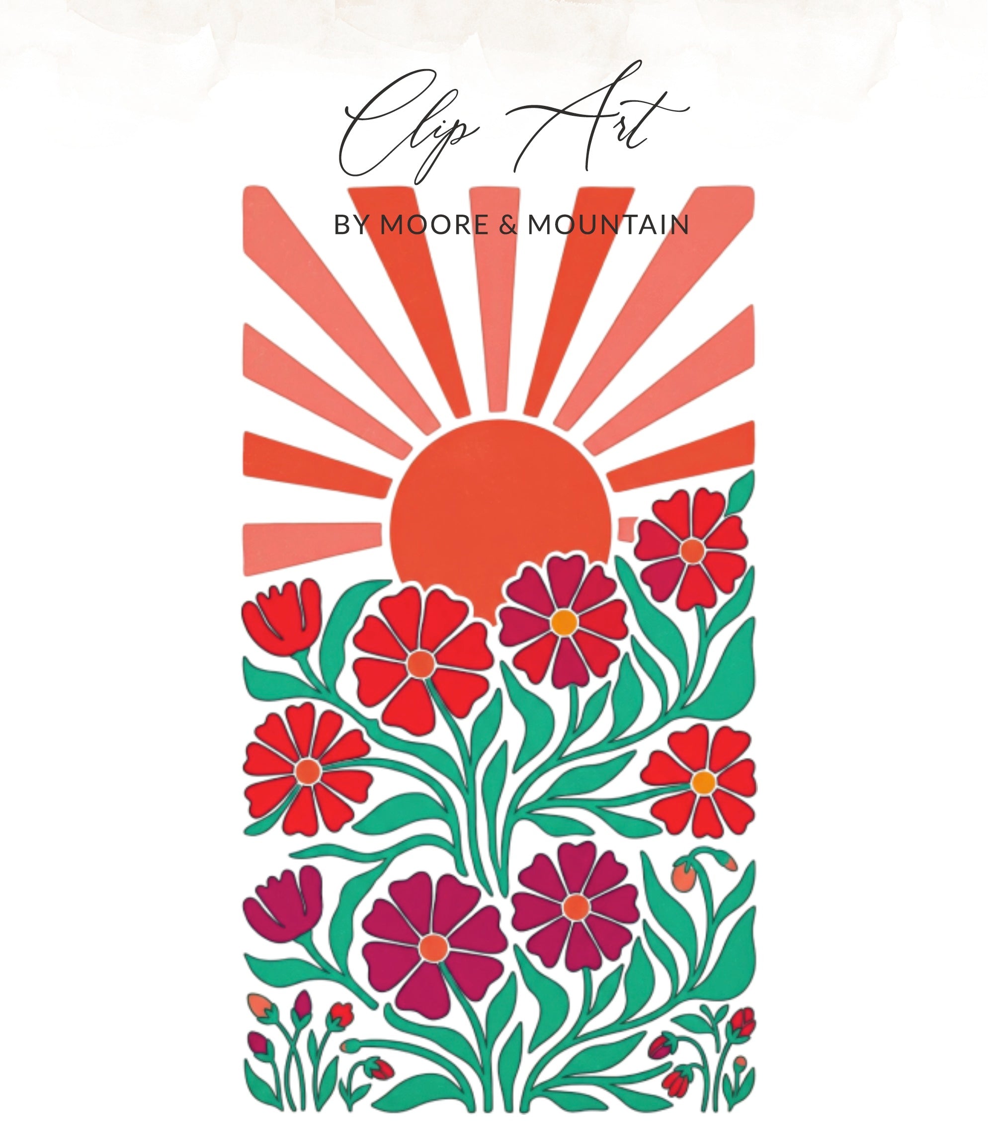 Sunburst rising over blooming flowers with "Clip Art by Moore & Mountain" text.