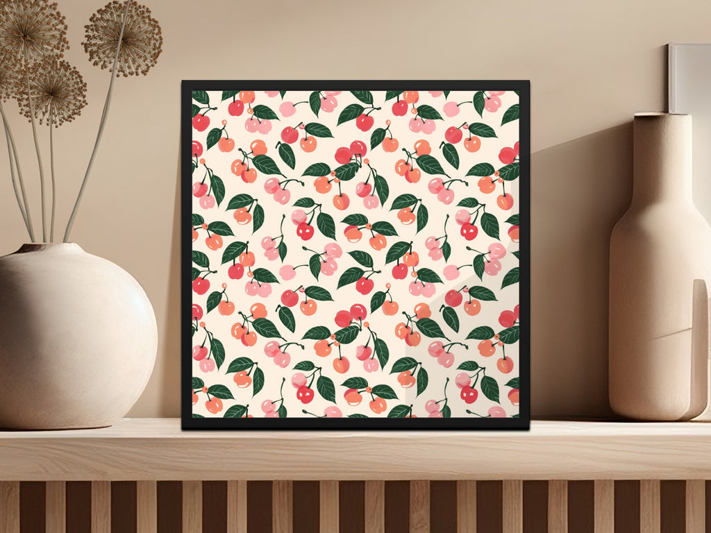 Vibrant Cherry and Green Leaf Pattern Wall Art Decor