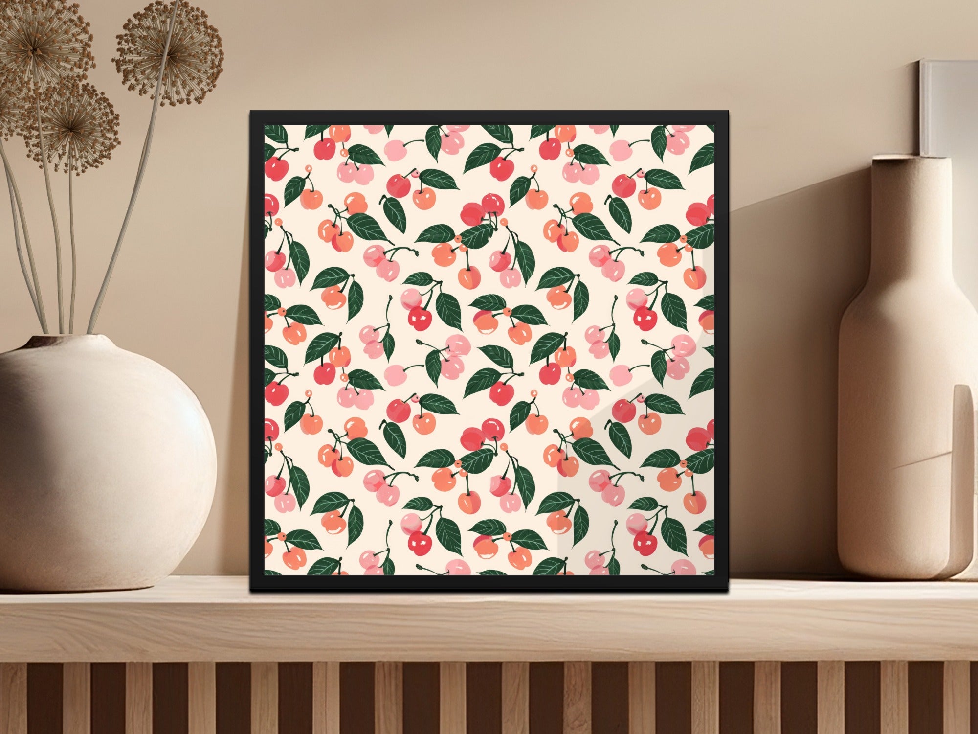 Vibrant Cherry and Green Leaf Pattern Wall Art Decor
