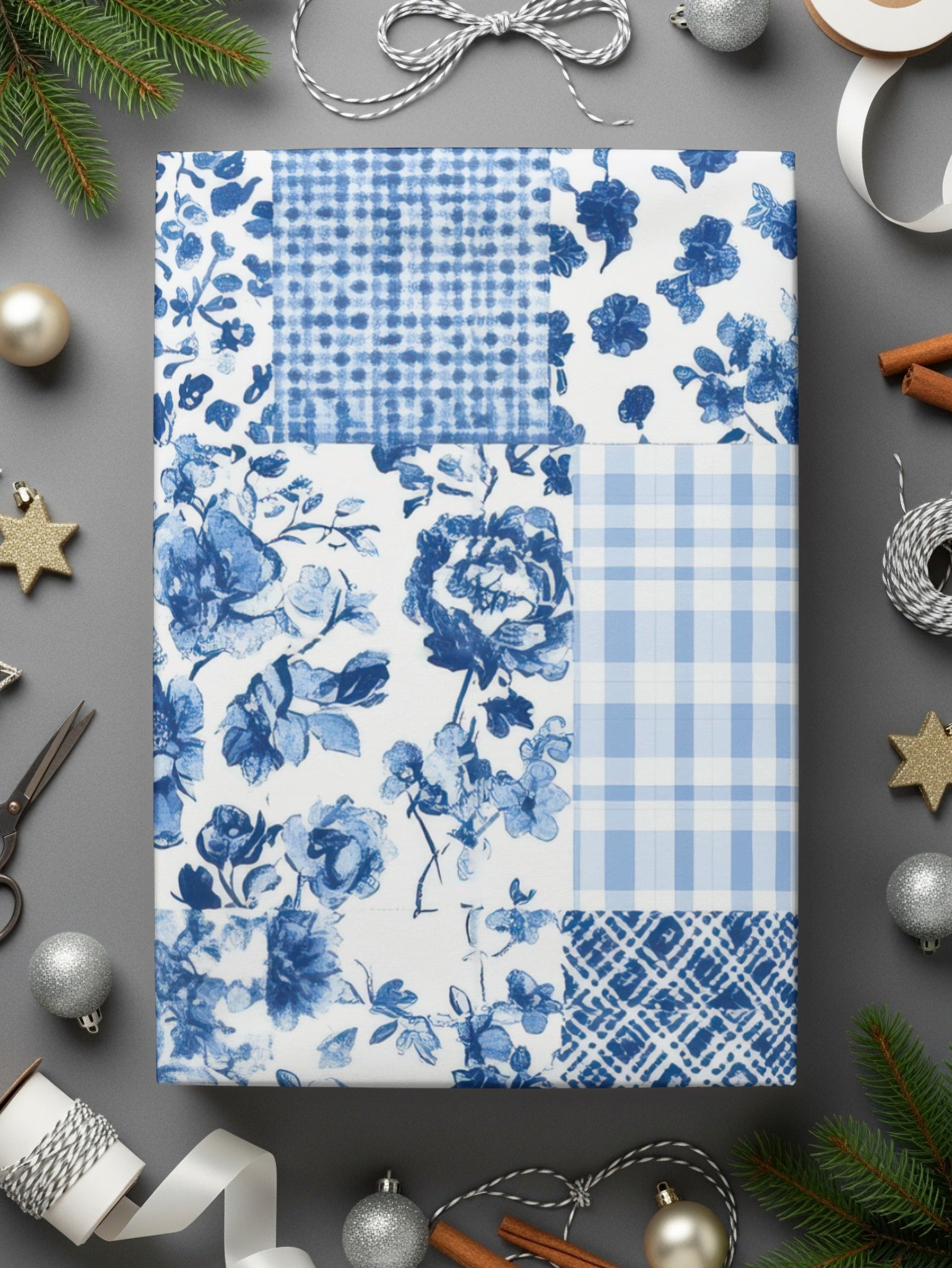 Blue Floral and Plaid Patchwork Wrapping Paper