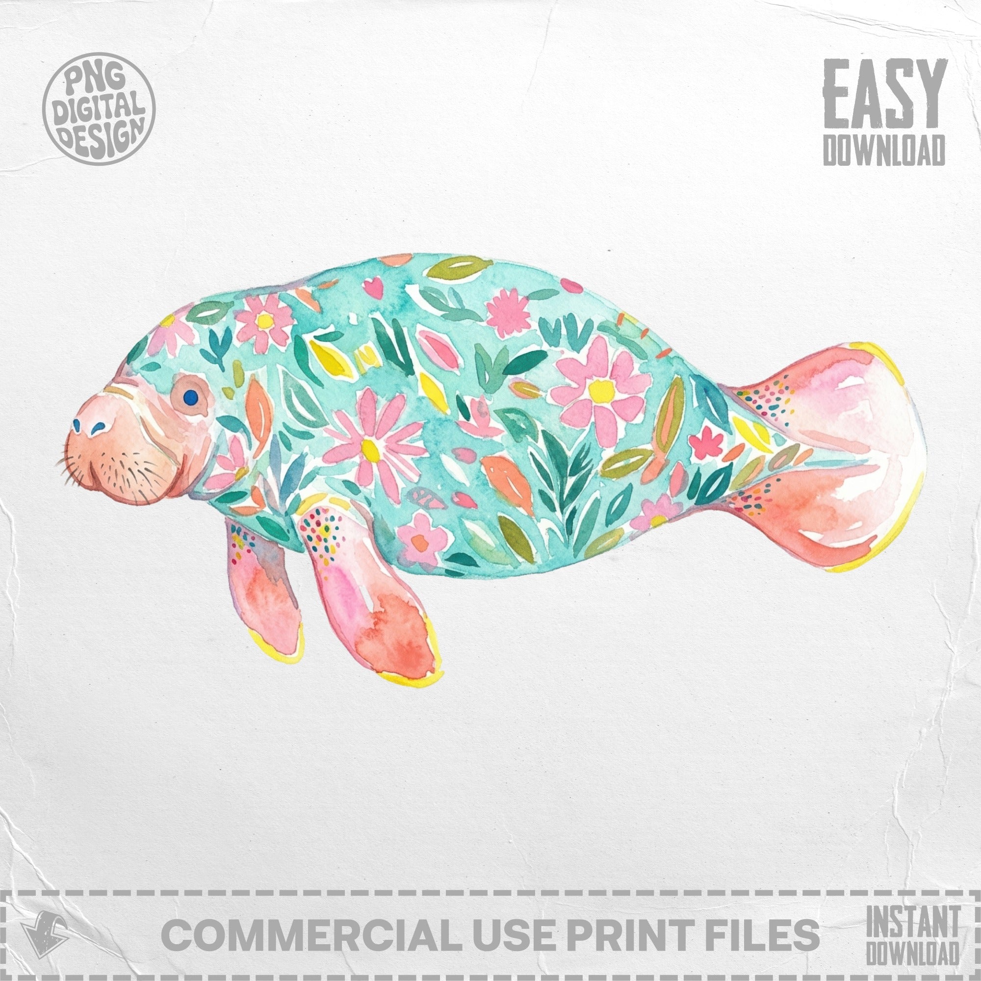 Watercolor manatee with pink and teal floral pattern on a white background.