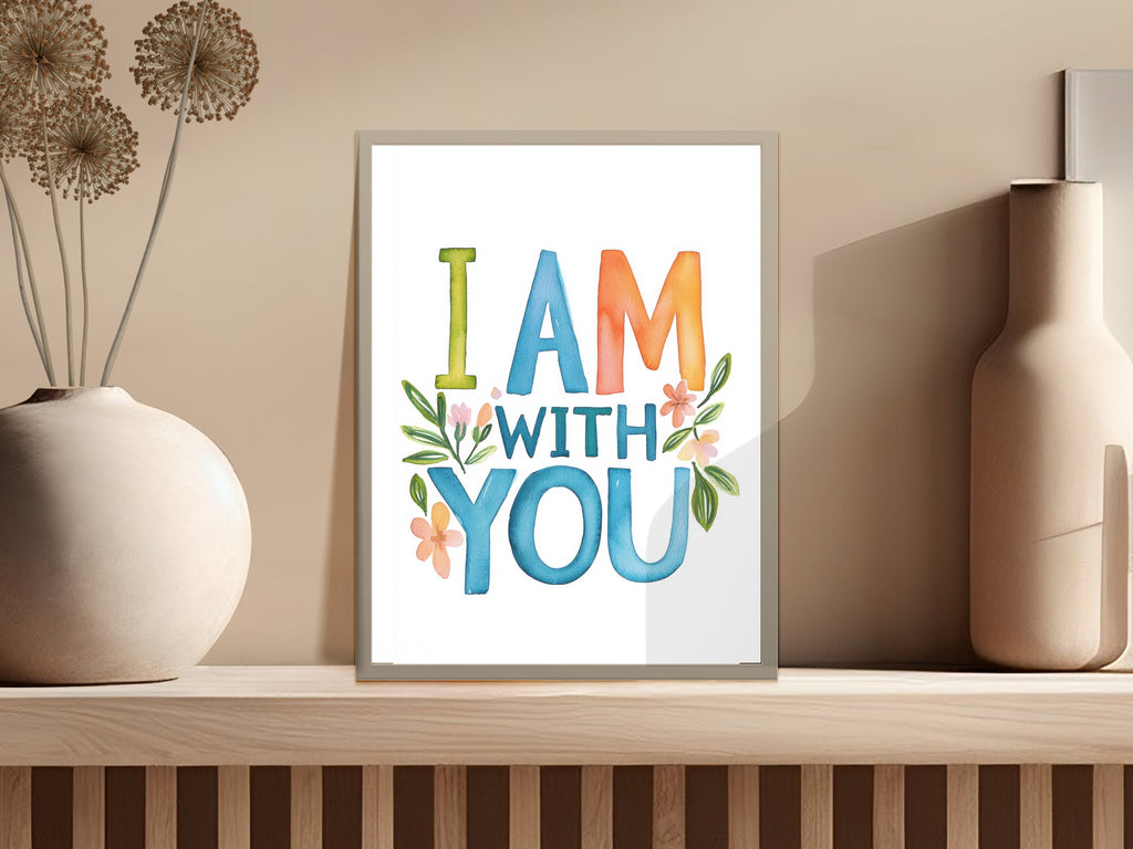 Watercolor text "I AM WITH YOU" with floral accents on framed art.