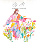 Jesus in colorful robe with watercolor flowers.