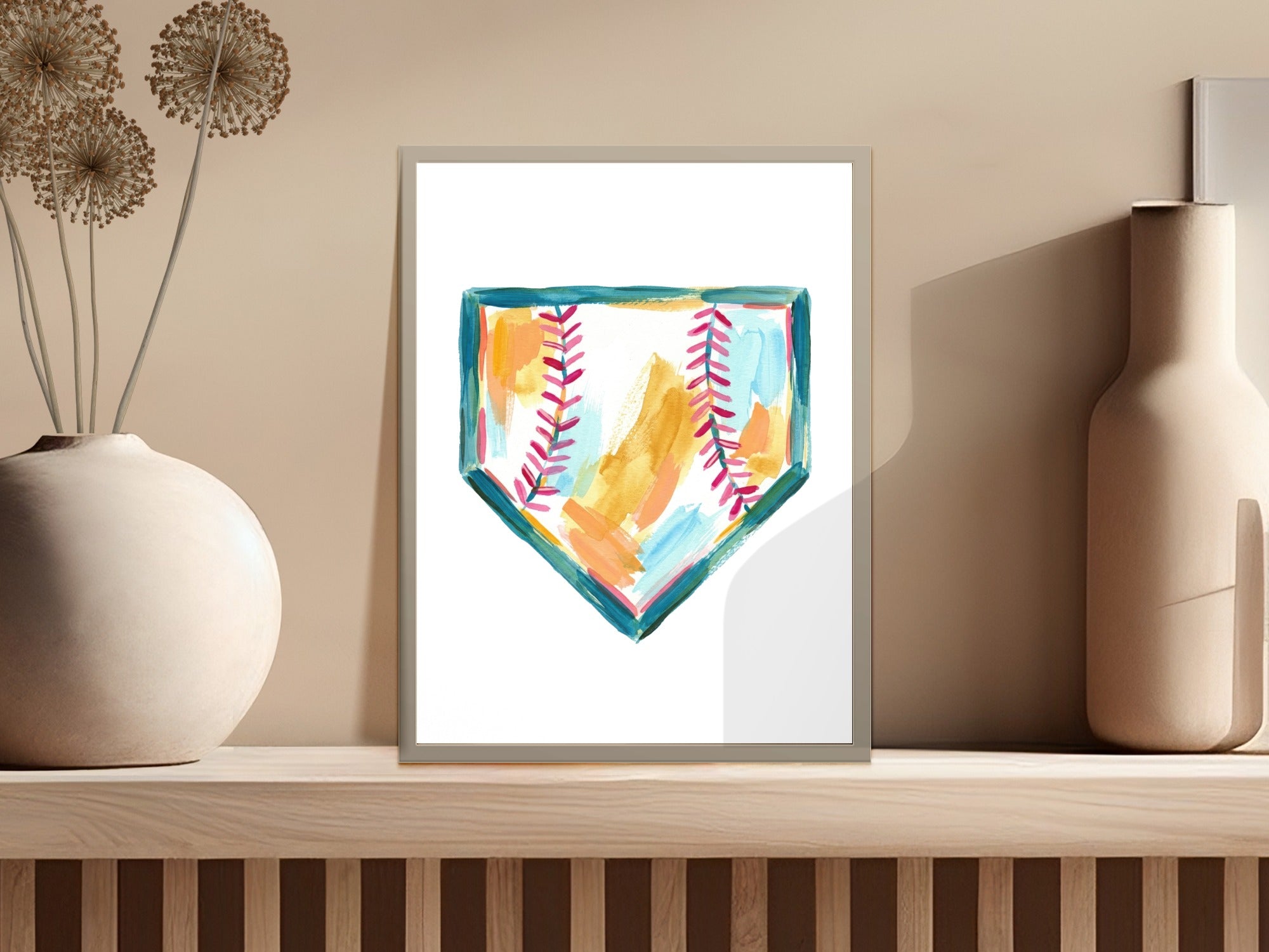 Abstract watercolor painting of a baseball diamond with colorful brushstrokes.