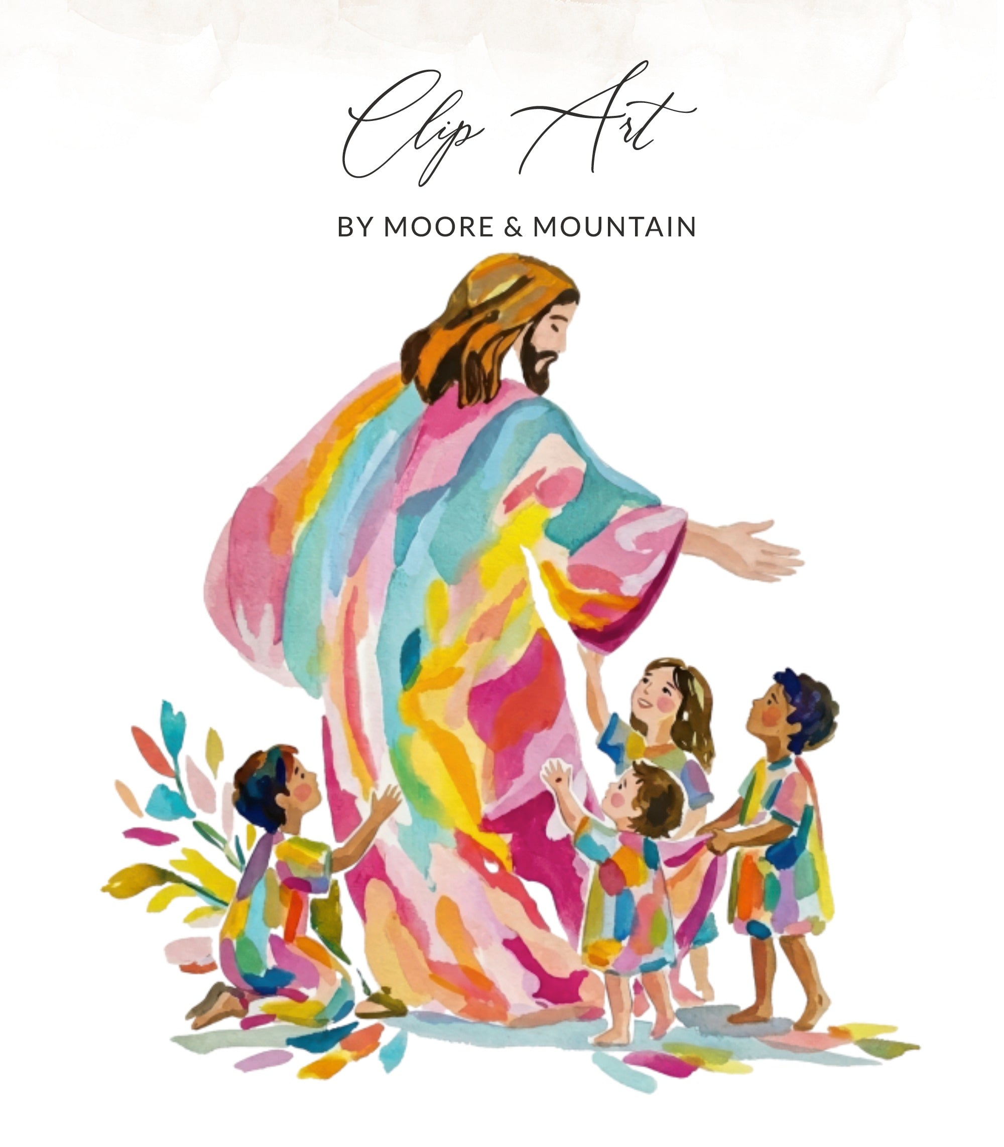 Jesus in colorful robe embracing diverse children.