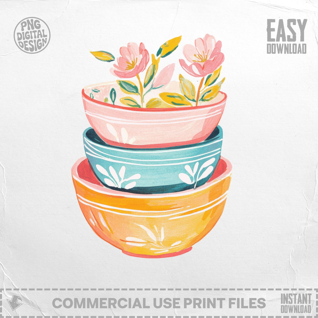 Stack of three colorful bowls with floral accents and "Easy Download" text.