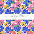 Seamless pattern of colorful blue, pink, and yellow flowers.