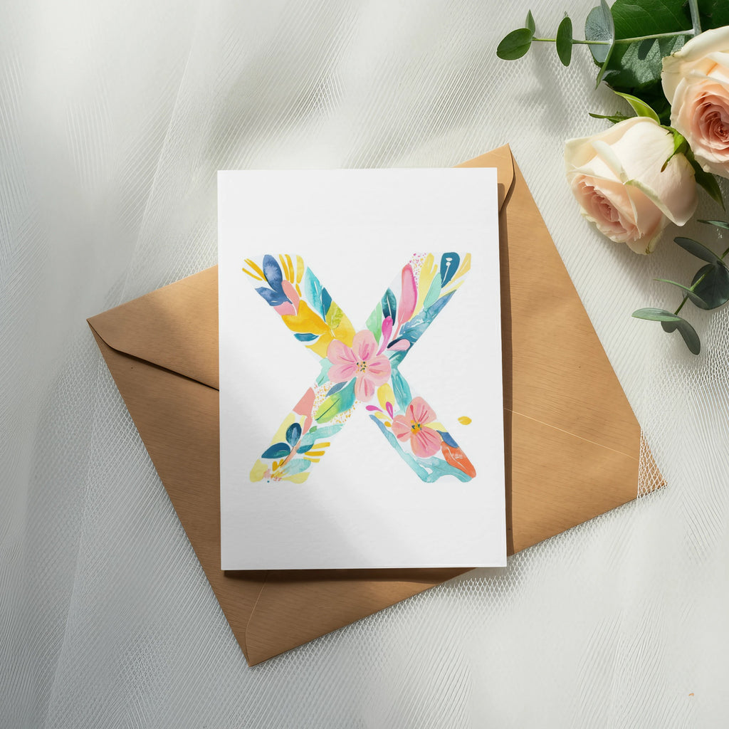 Card with floral letter X on brown envelope and roses.