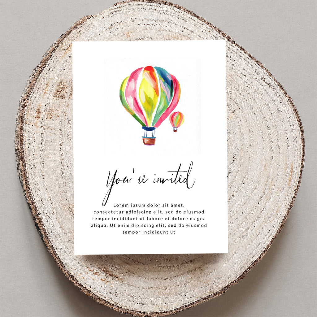 Invitation with colorful hot air balloons and "You're invited" text.