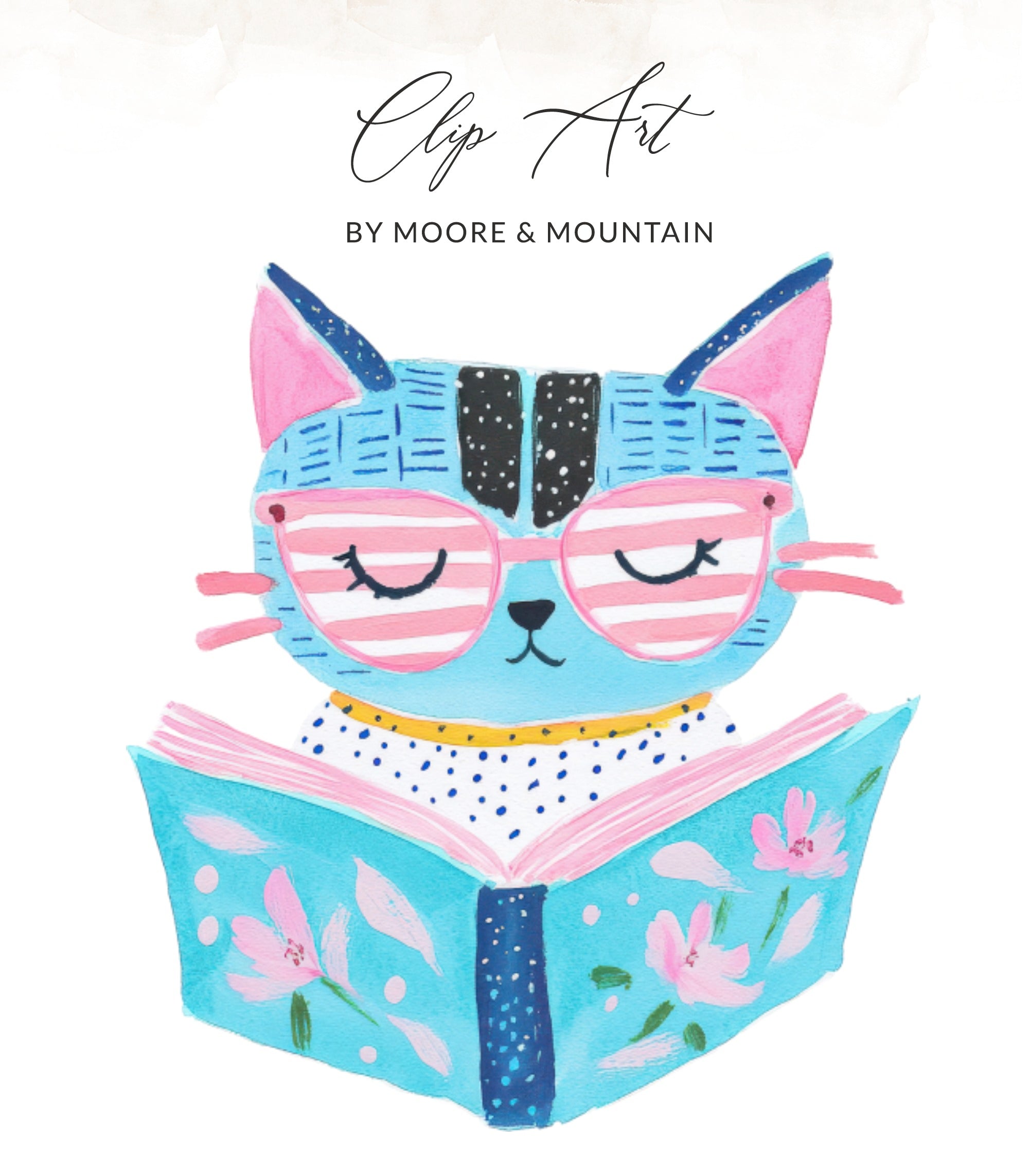Blue cat with pink glasses reads an open book with pink flowers.