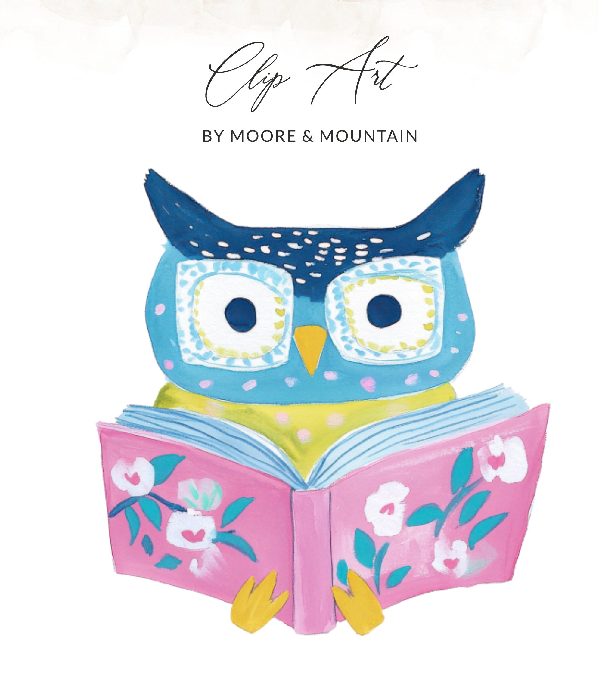 Clip Art illustration of a blue and yellow owl reading a pink book.