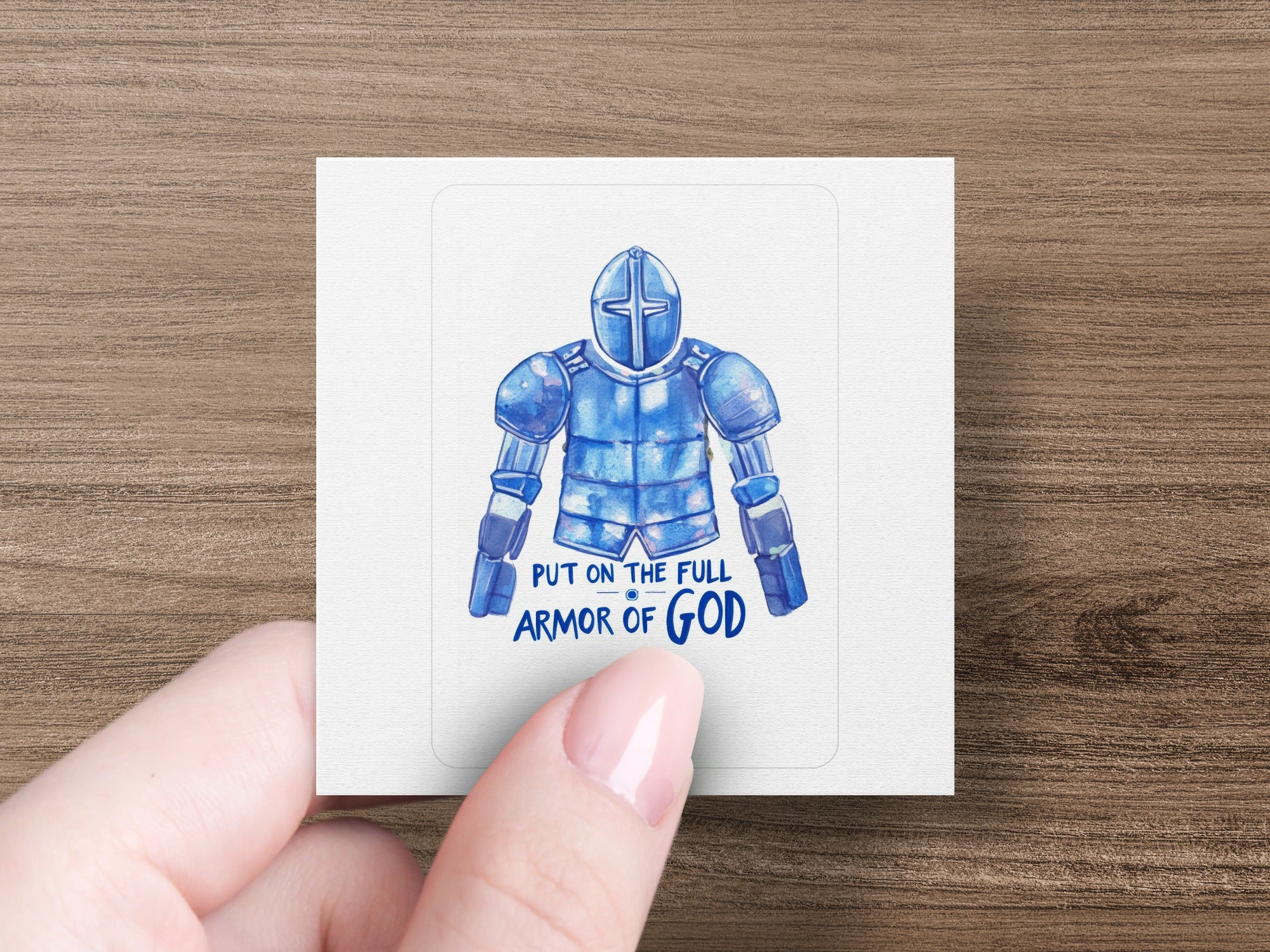 Blue knight armor sticker with text "PUT ON THE FULL ARMOR OF GOD".