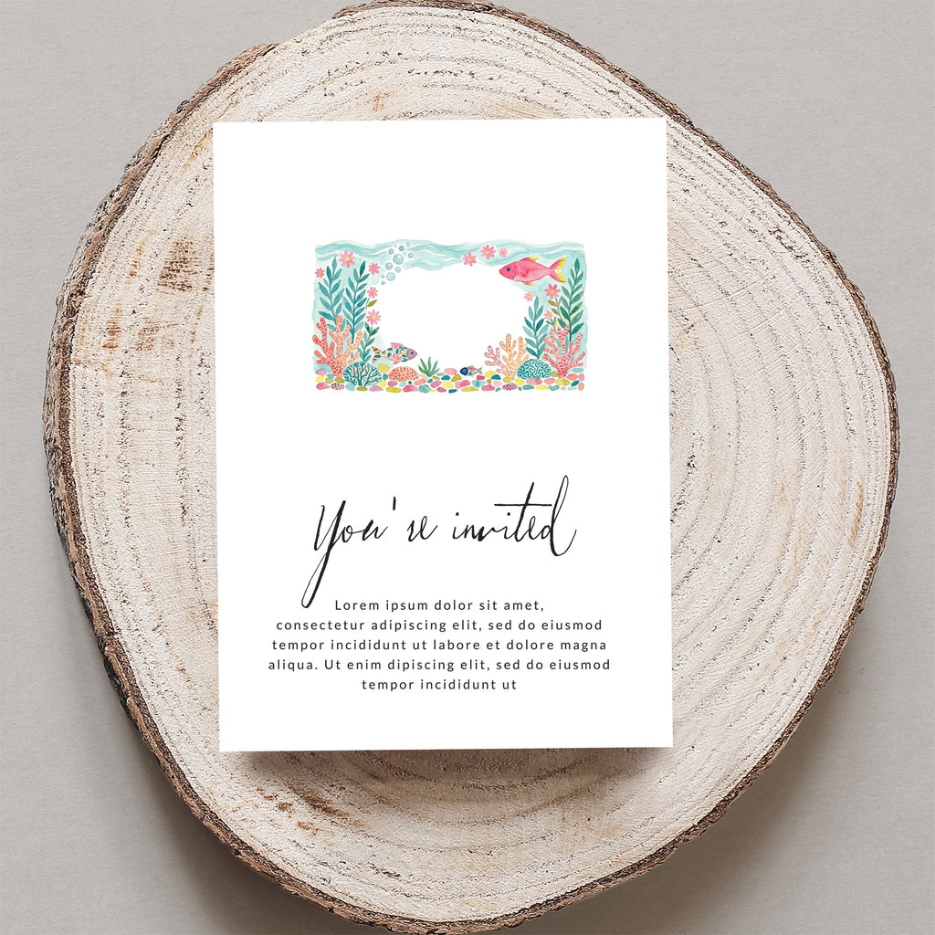 Invitation card with coral reef border and "You're invited" text.
