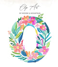 Floral letter O clip art with watercolor flowers and leaves.