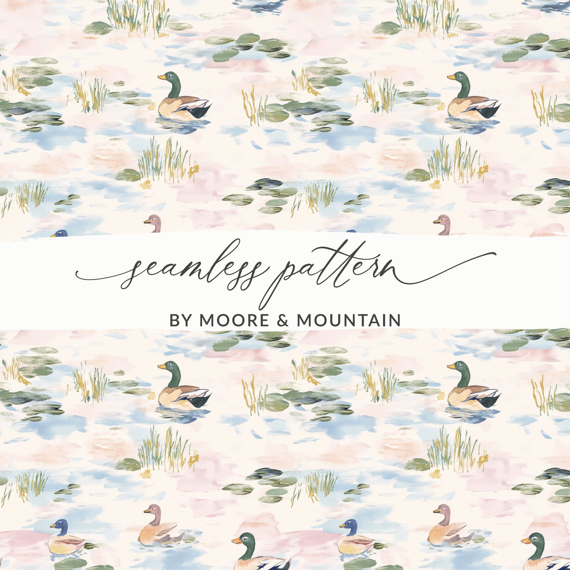 Duck Pond Digital Seamless Pattern, Watercolor Mallard Ducks Repeat Design, Pond Life Illustration for Fabric, Wallpaper, Scrapbooking
