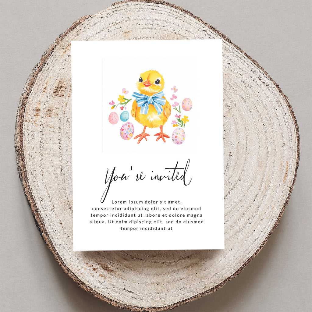Easter chick with blue bow on invitation with "You're invited" text.