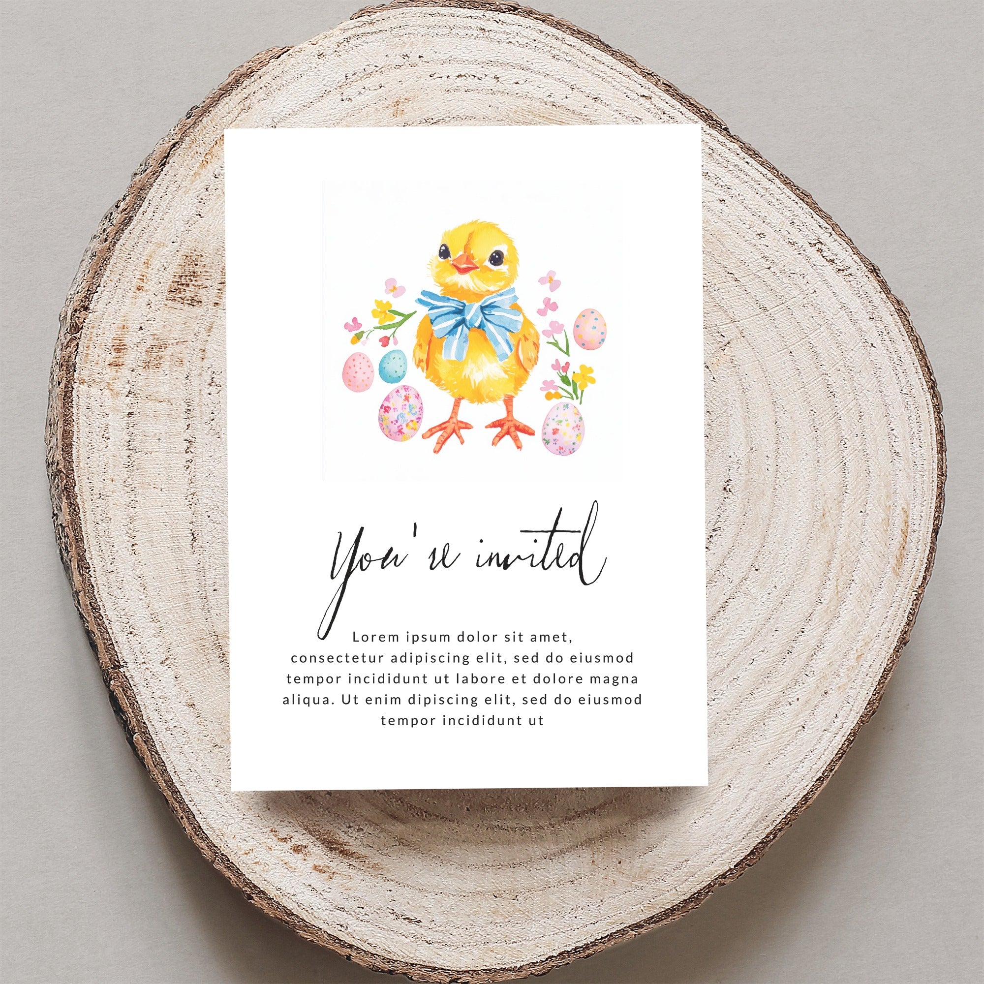 Easter chick with blue bow on invitation with "You're invited" text.
