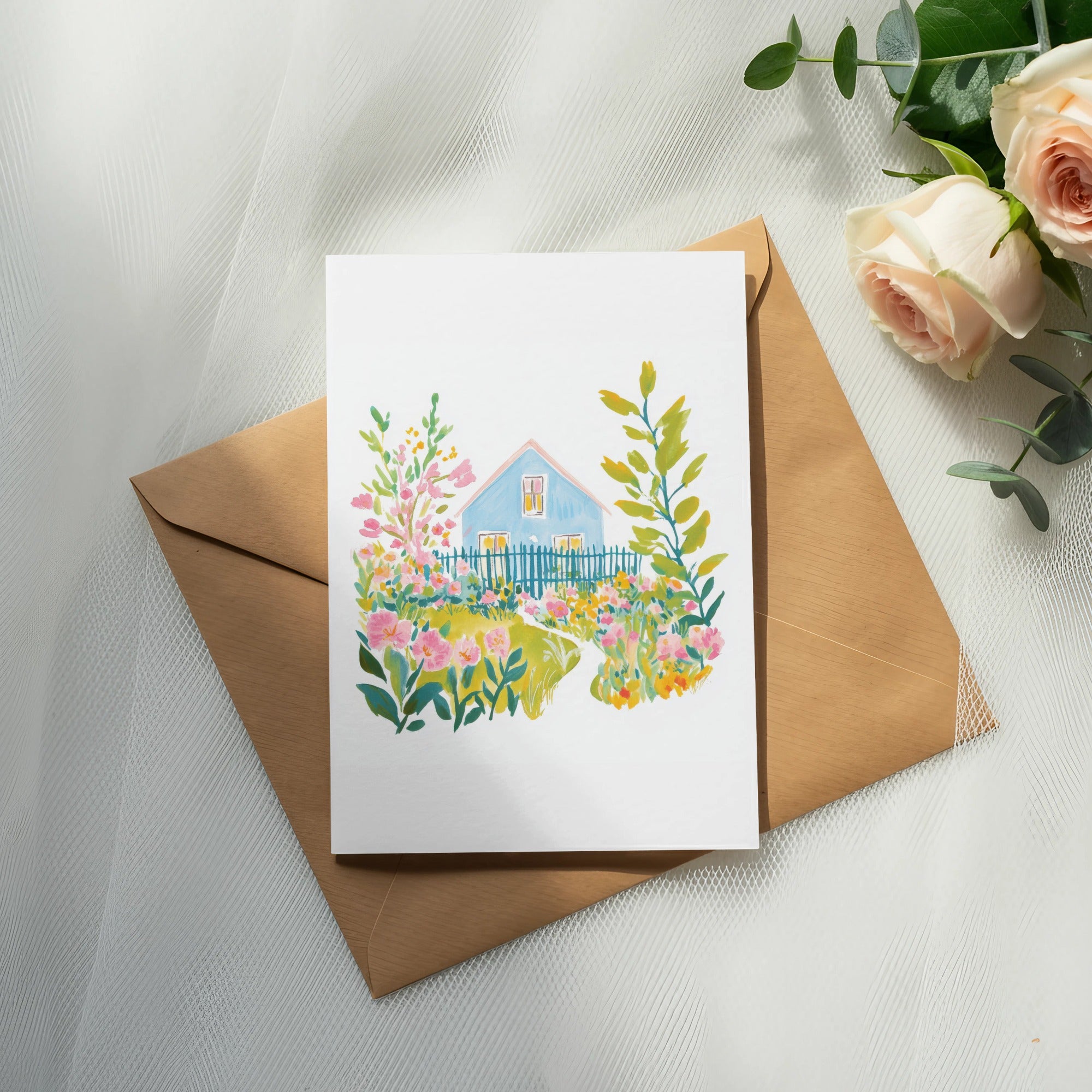 Watercolor illustration of a blue house and garden on an envelope.