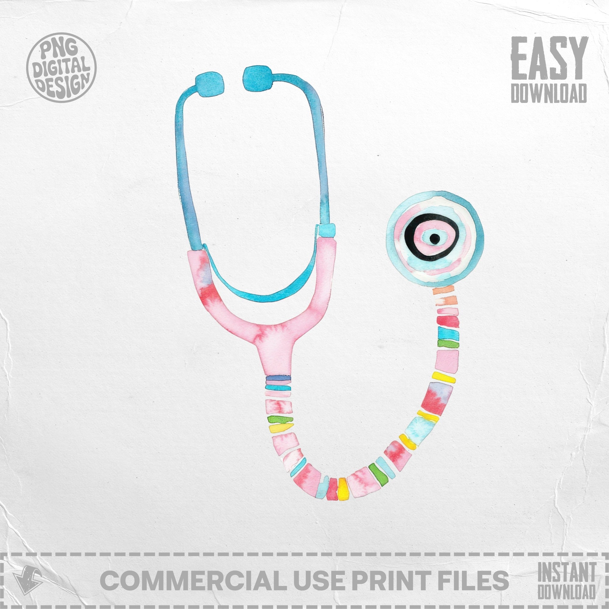 Pink and blue stethoscope with colorful stripes and target pattern on earpiece.