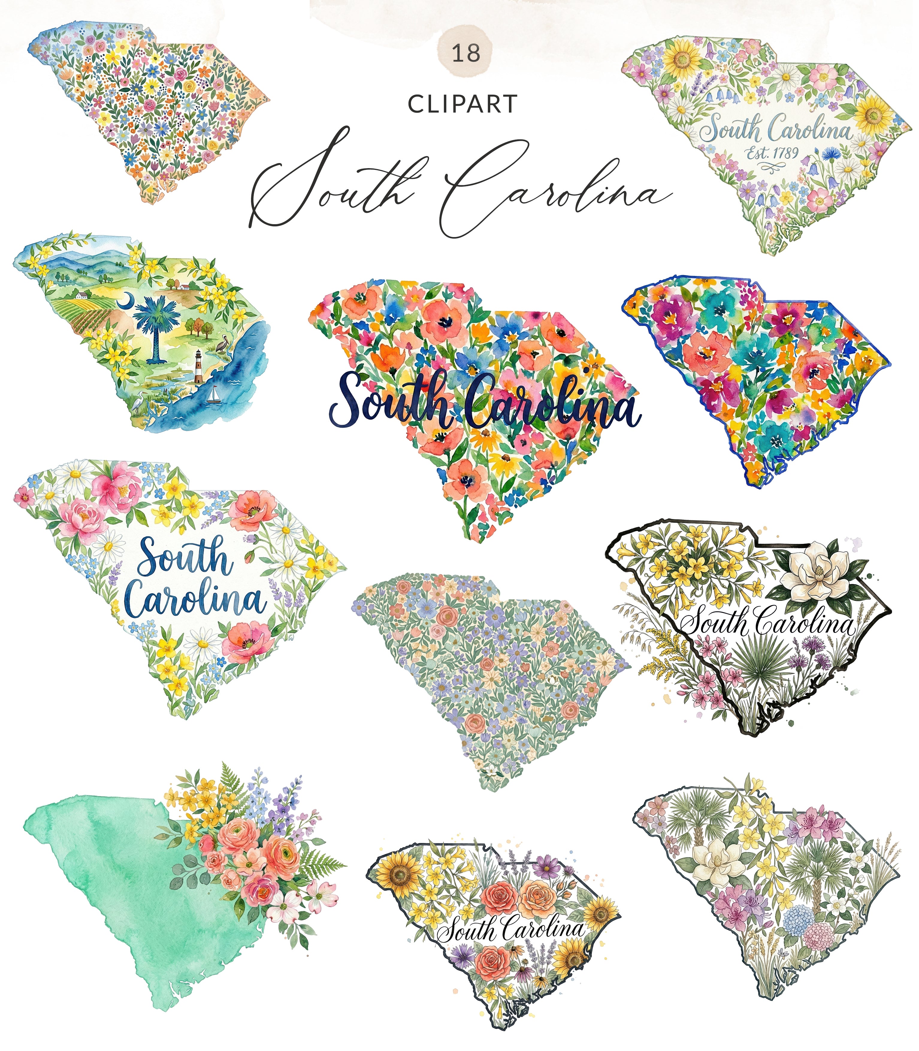 South Carolina state shape clipart with floral and map designs.