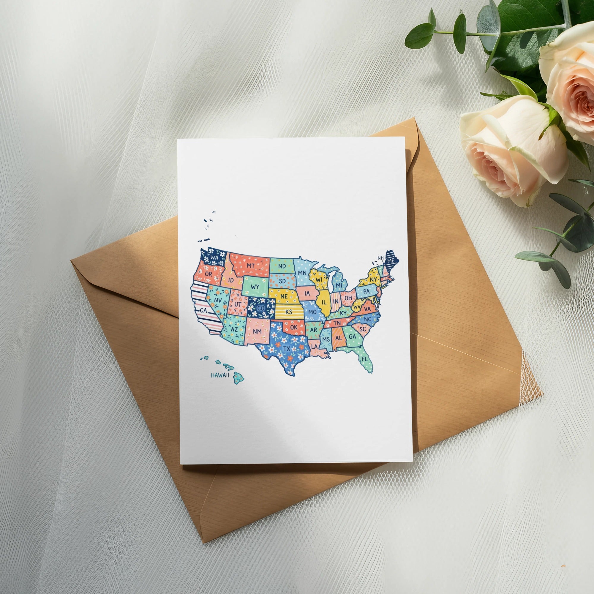 Card with illustrated US states map, including Hawaii and Alaska.