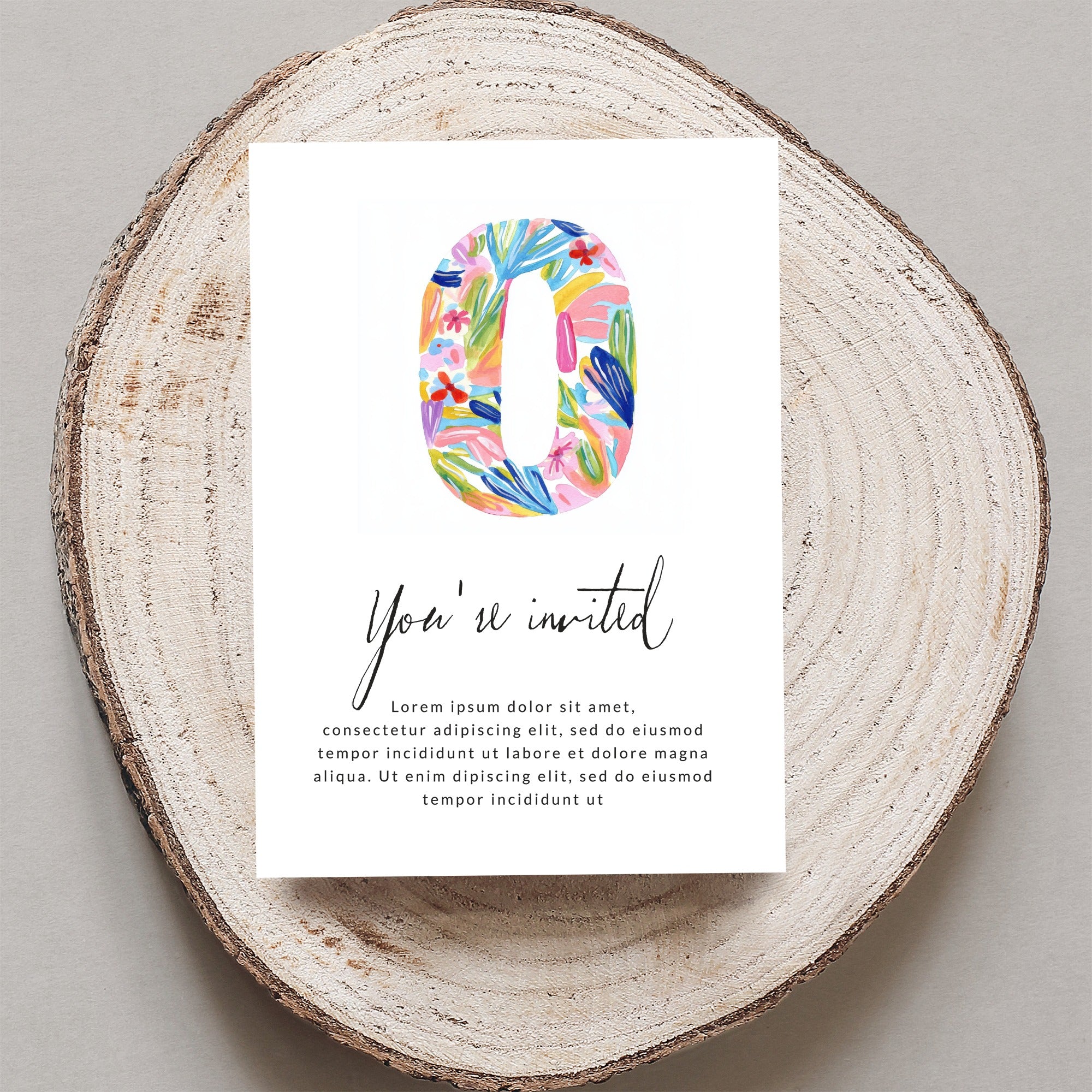 Watercolor number 0 invitation with "You're invited" and placeholder text.