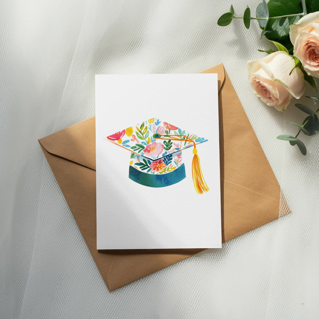 Graduation cap with floral design on a white card and brown envelope.