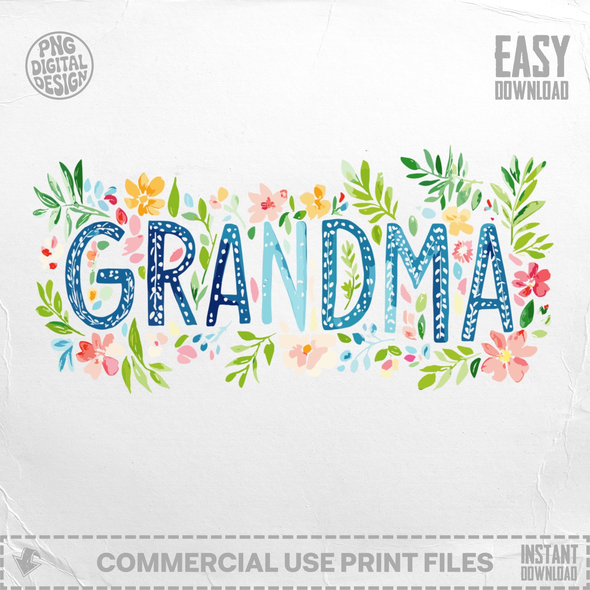 "GRANDMA" in watercolor lettering with floral accents.