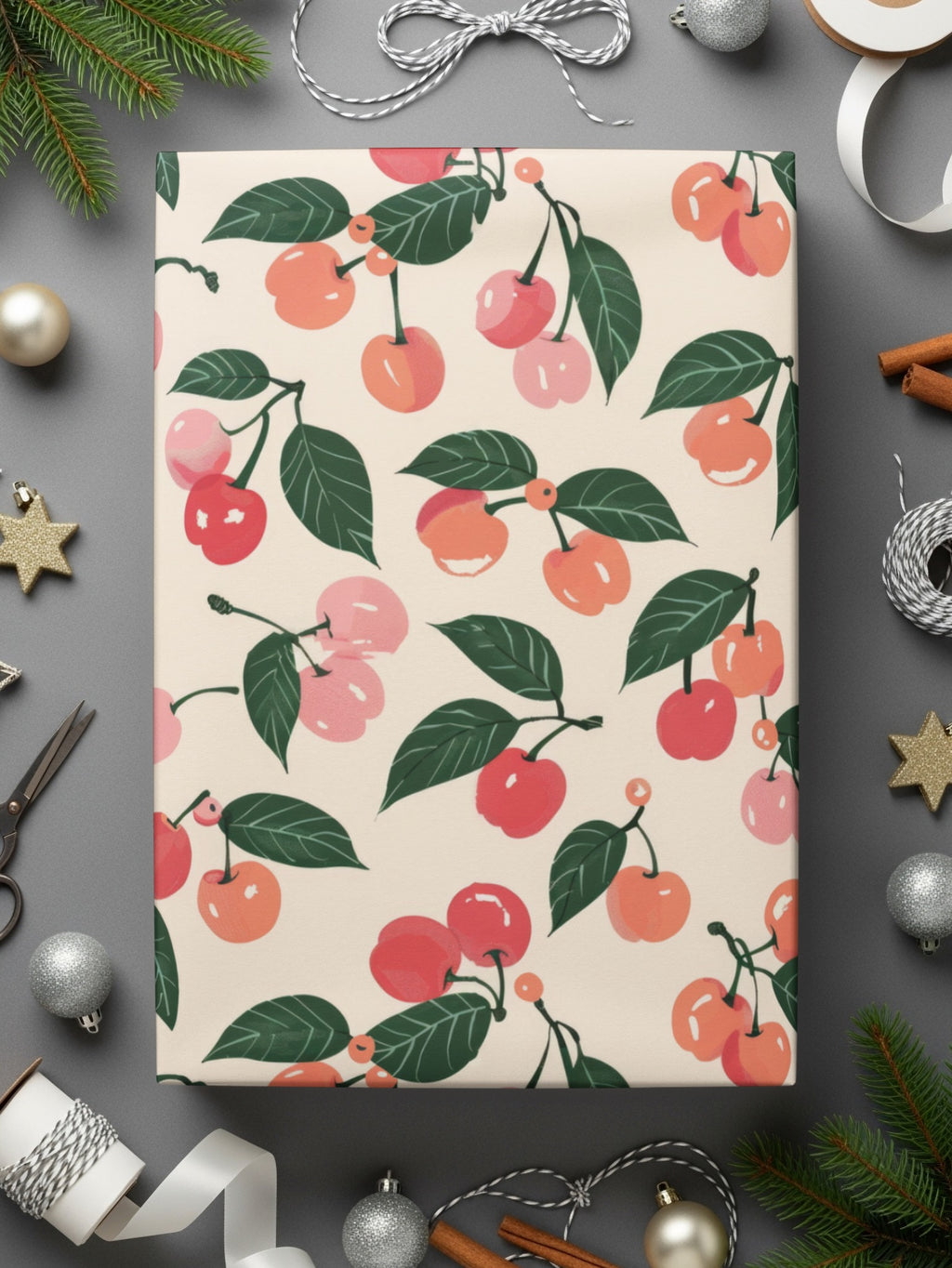 Festive Cherry Pattern Gift Wrap for Holiday Celebrations