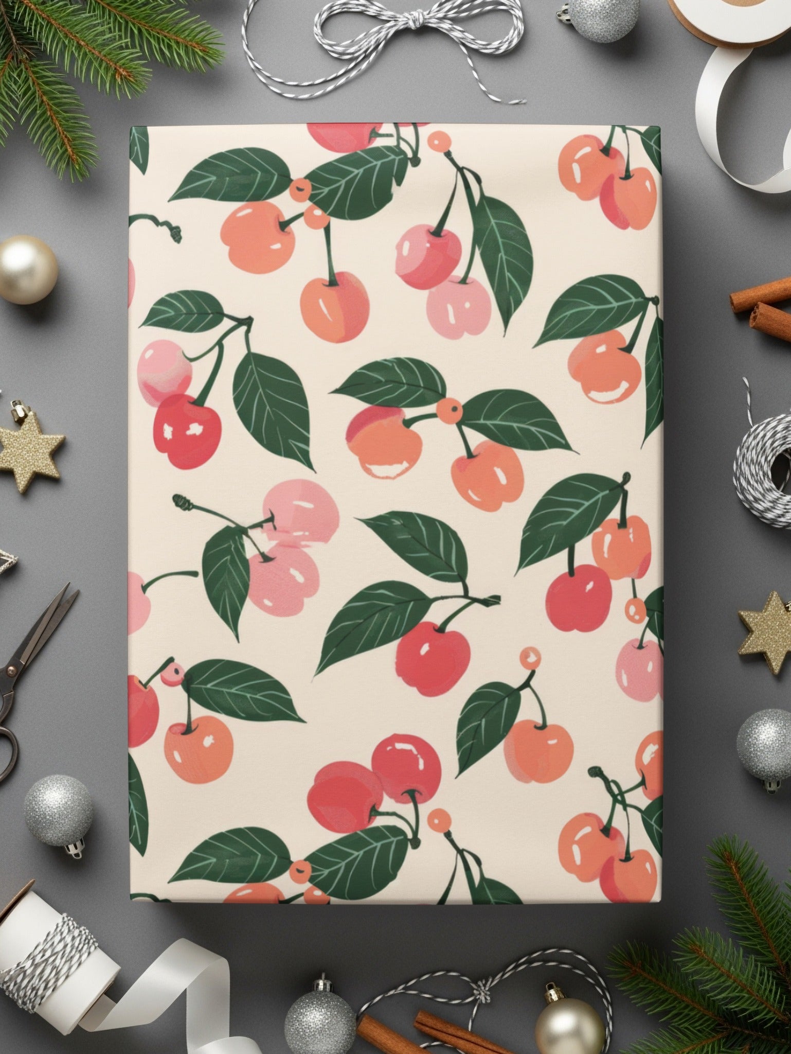 Festive Cherry Pattern Gift Wrap for Holiday Celebrations