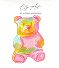 Watercolor gummy bear in pink, yellow, and teal.