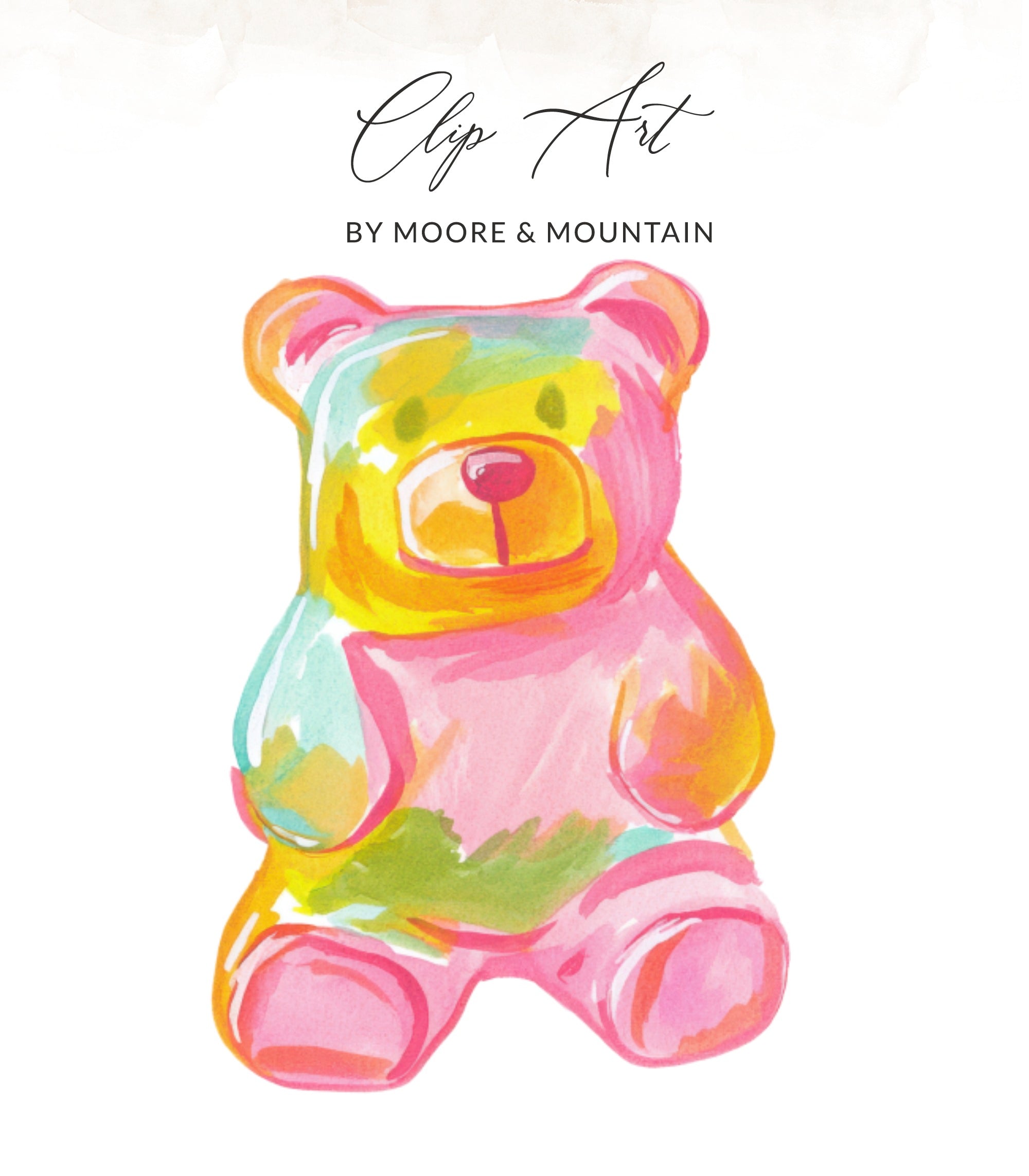 Watercolor gummy bear in pink, yellow, and teal.