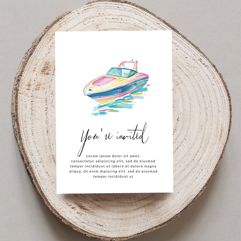 Watercolor boat invitation with "You're invited" text.