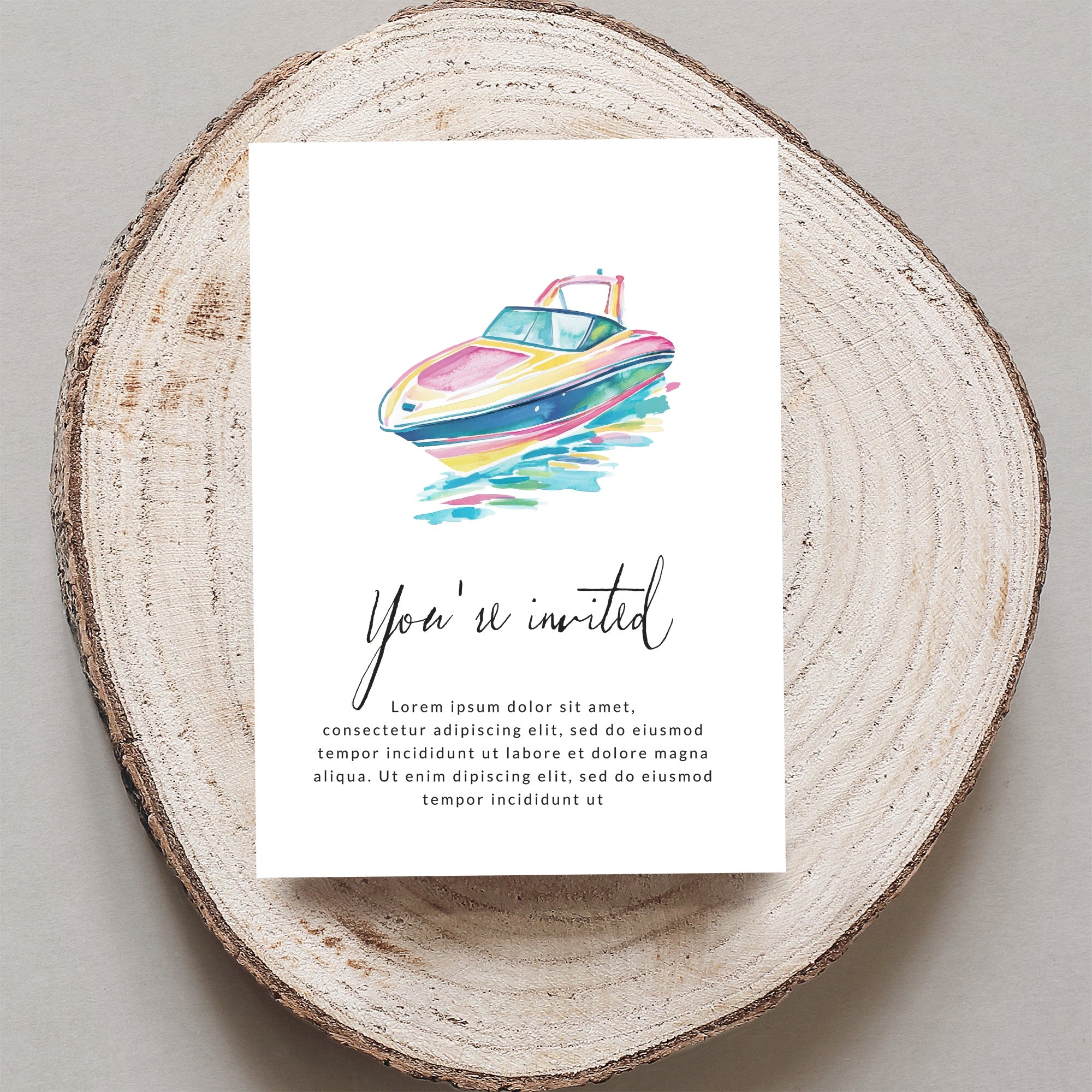 Watercolor boat invitation with "You're invited" text.
