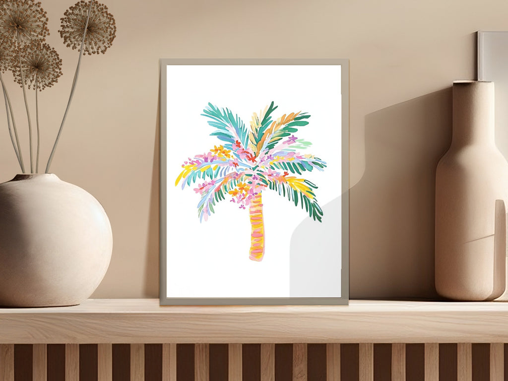 Colorful palm tree art print with vibrant leaves and trunk.