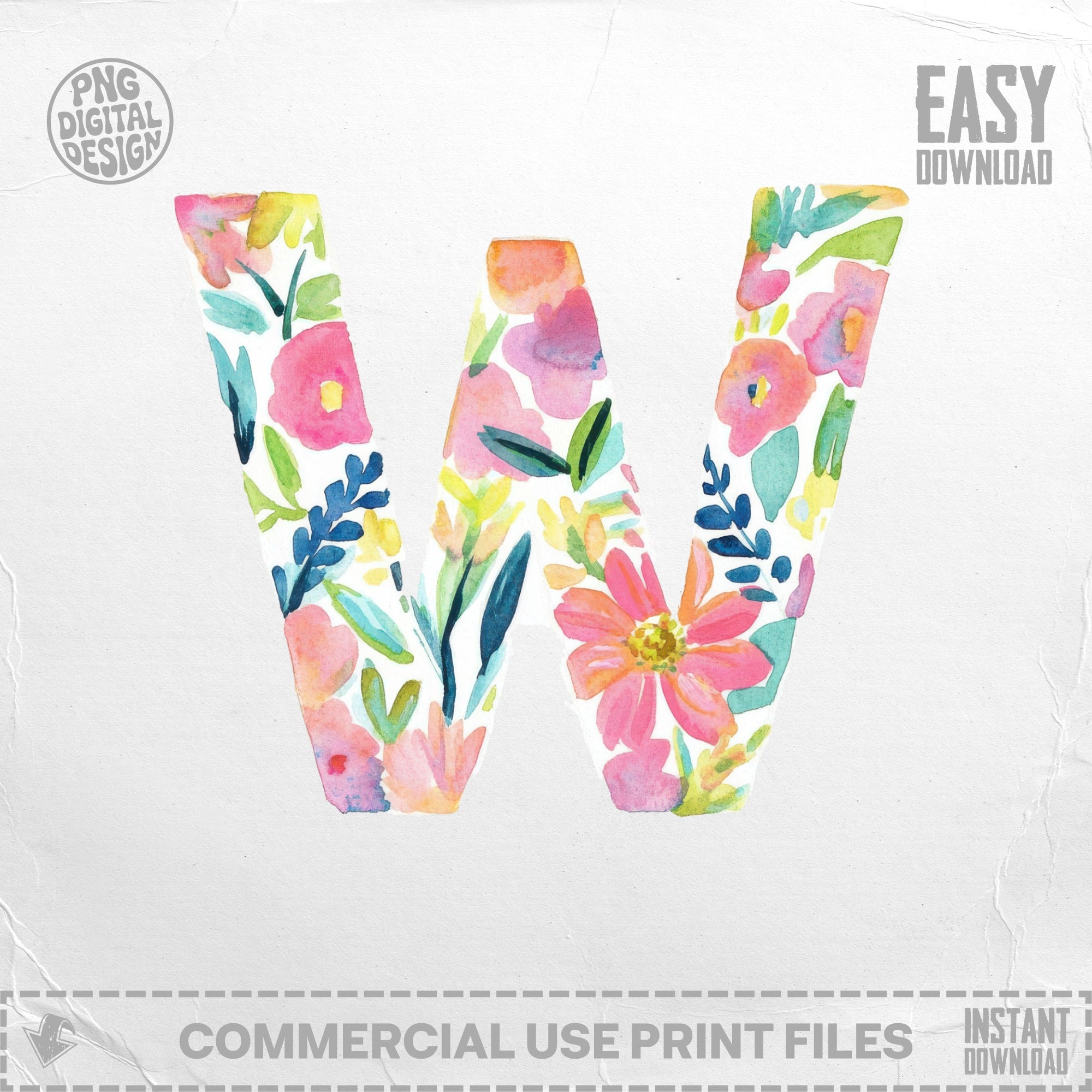 Watercolor letter W with floral design, "Easy Download" text.