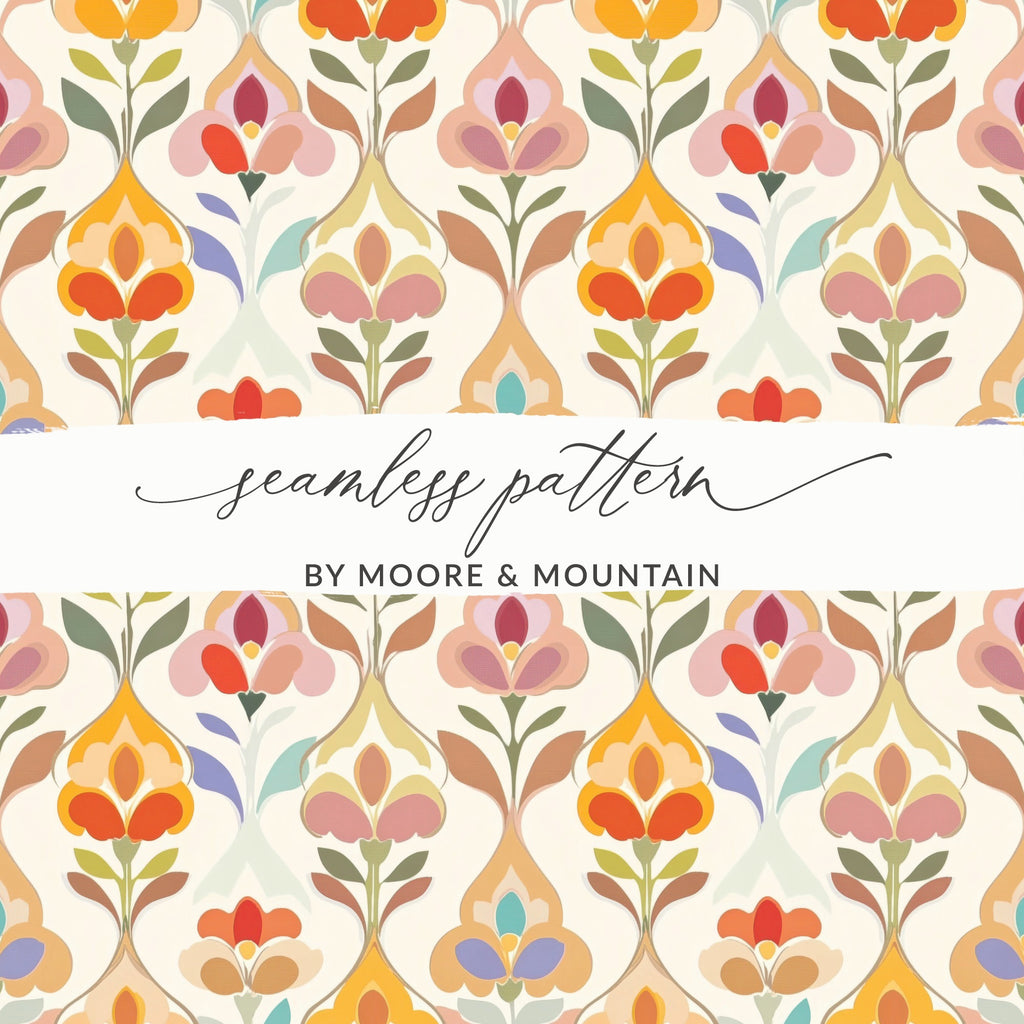Seamless floral pattern with stylized flowers in warm colors by Moore & Mountain.
