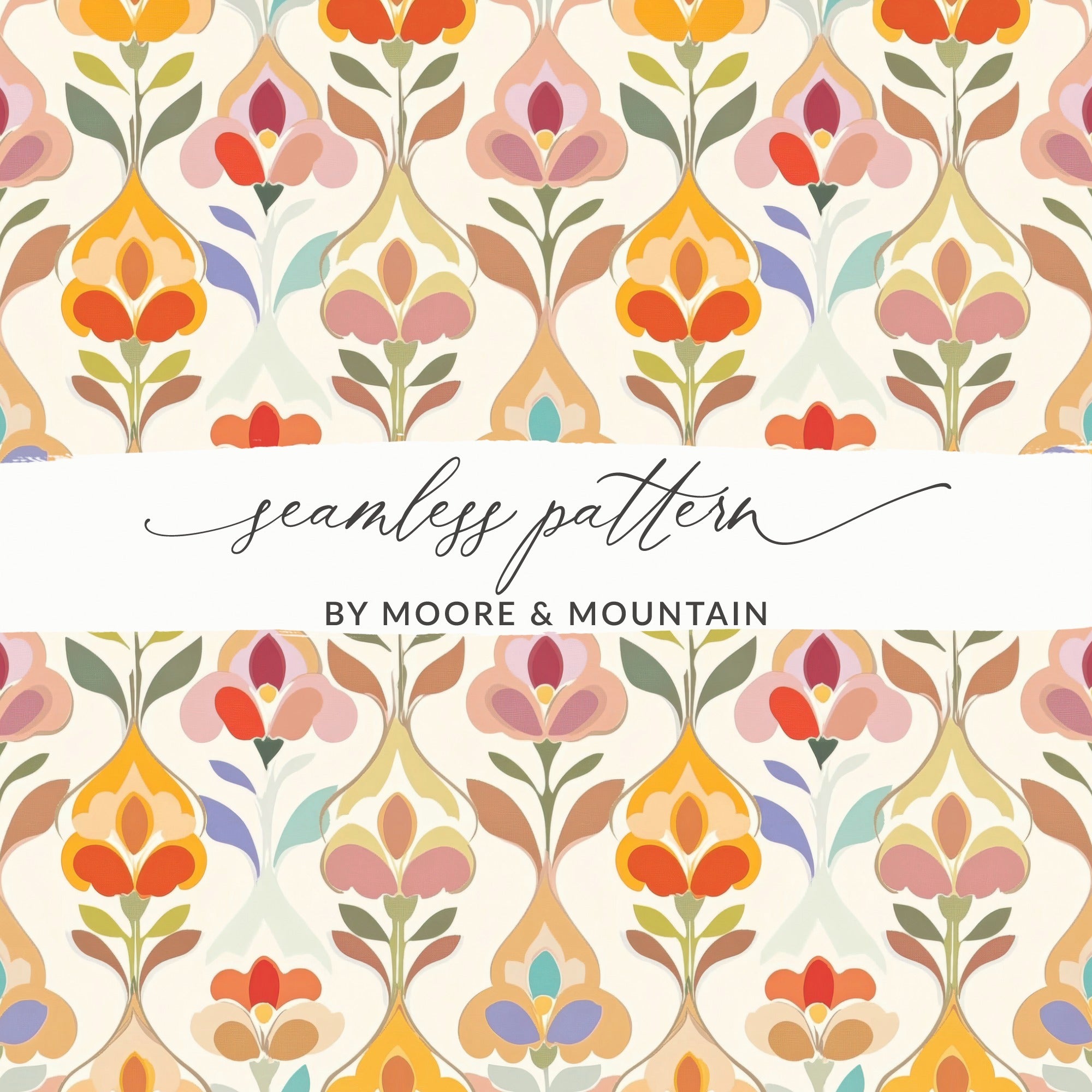 Seamless floral pattern with stylized flowers in warm colors by Moore & Mountain.