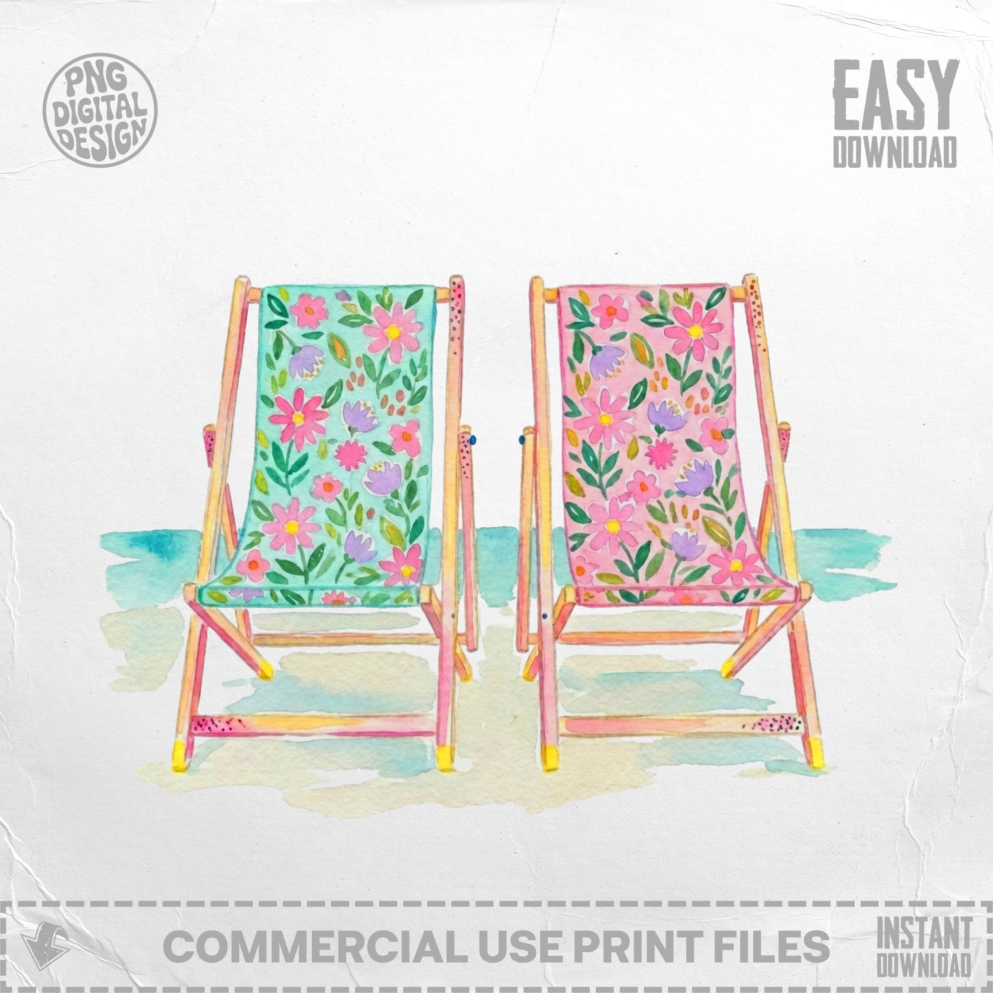 Two watercolor beach chairs with floral patterns on a sandy background.