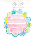 Watercolor clip art flower with pink center and colorful petals, "Clip Art by Moore & Mountain".