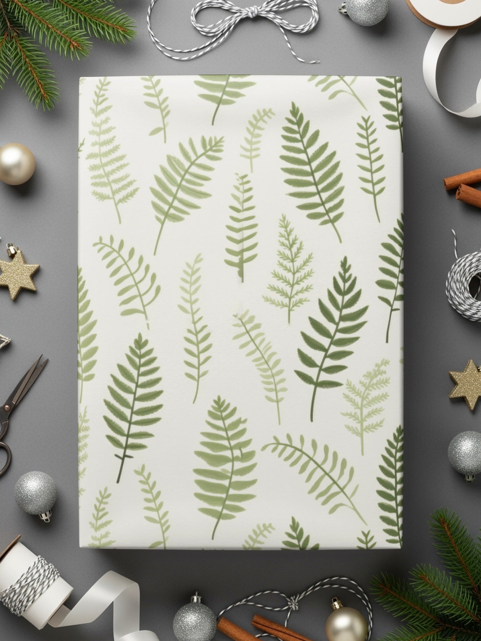 Elegant Green Fern Leaf Pattern Wrapping Paper Sheets