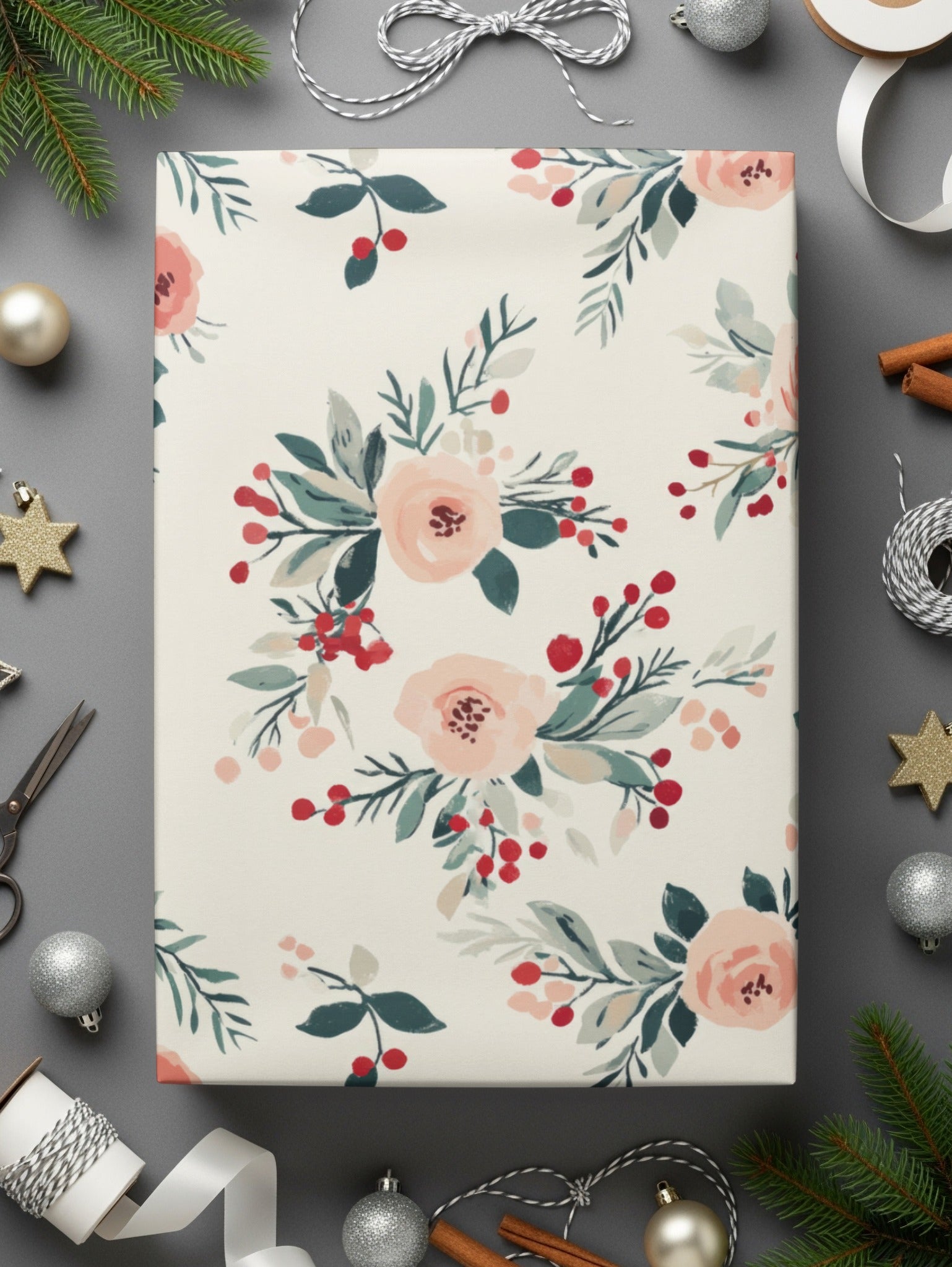 Elegant Festive Floral Design Gift Wrapping Paper