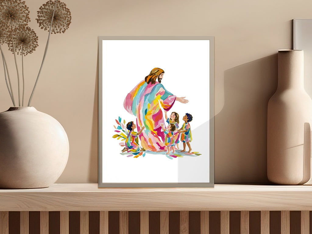 Jesus with outstretched arms embraces diverse group of children in vibrant, watercolor style.