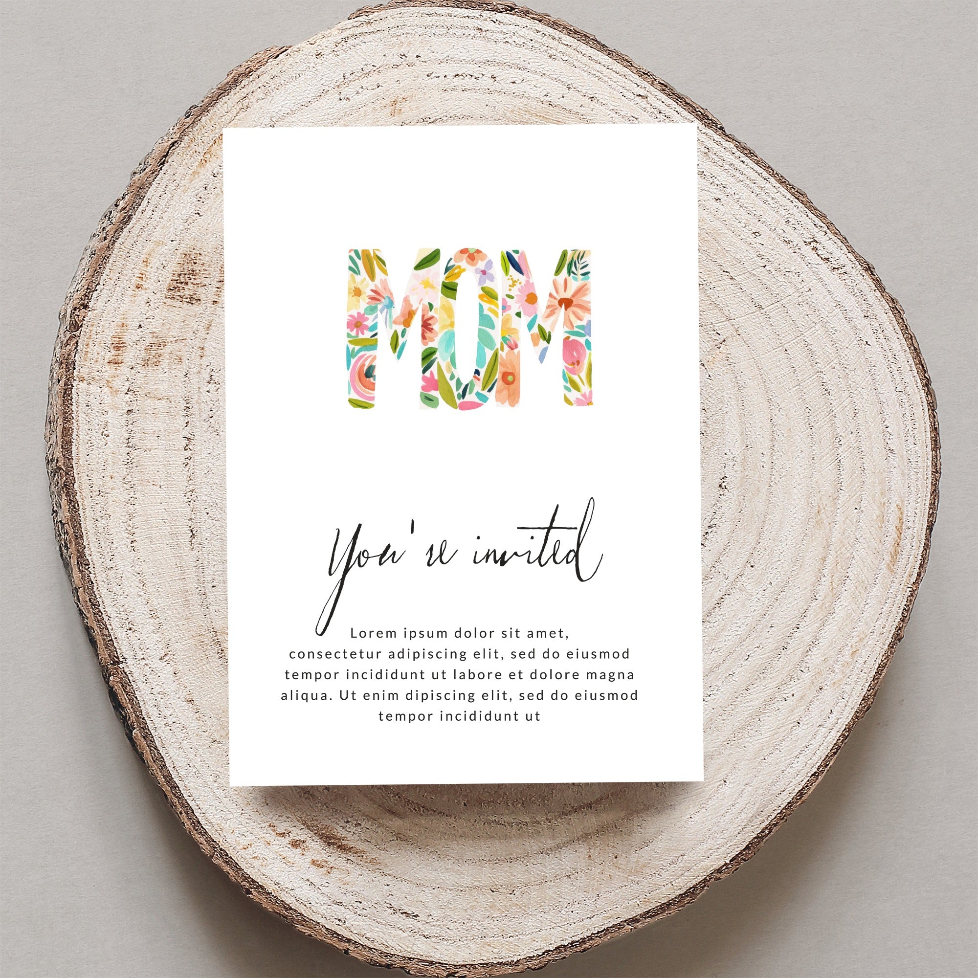 Floral "MOM" card with "You're invited" and placeholder text.
